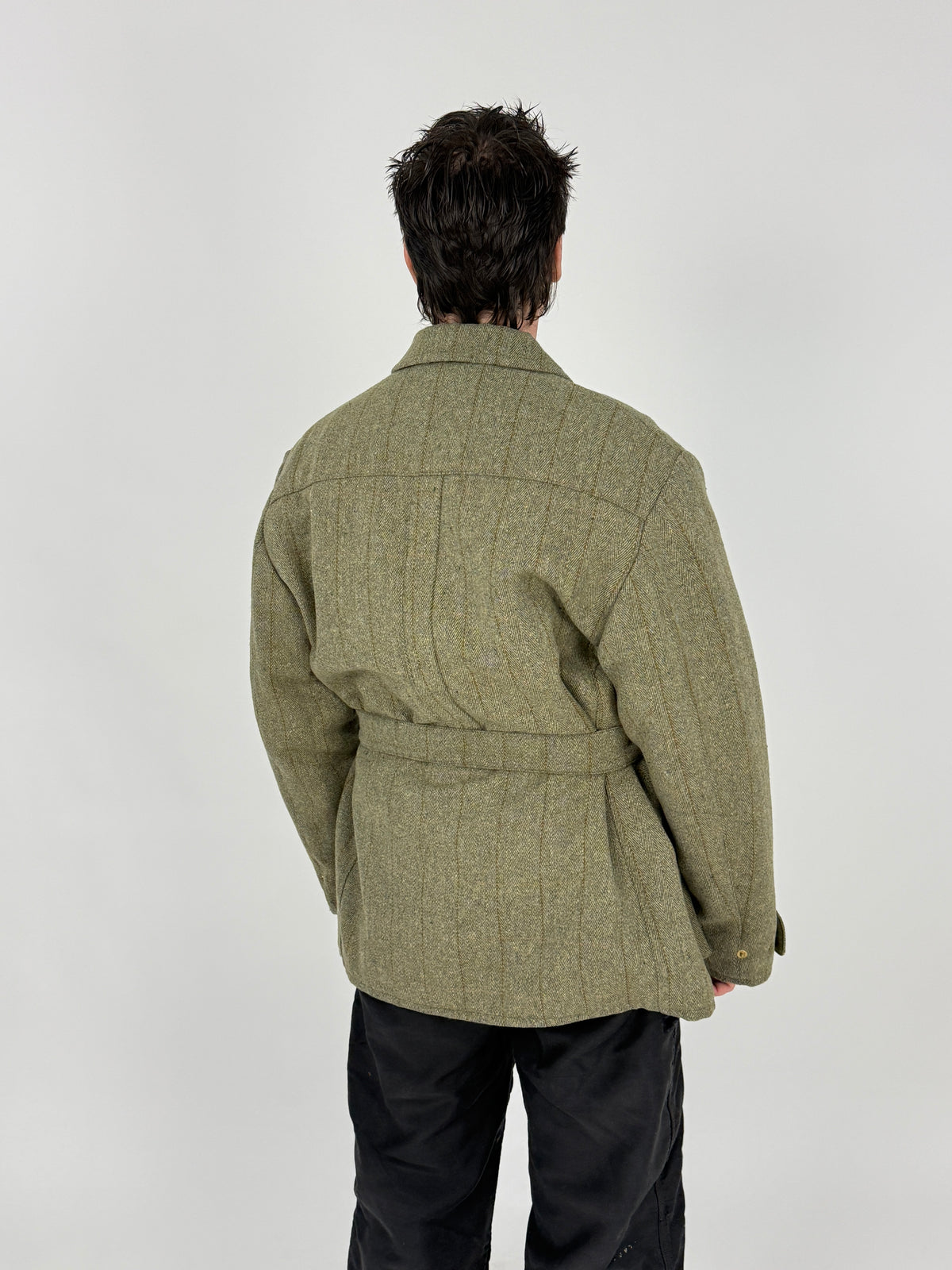 Giacca vintage tweed verde oliva - retro indossato, cintura sciolta