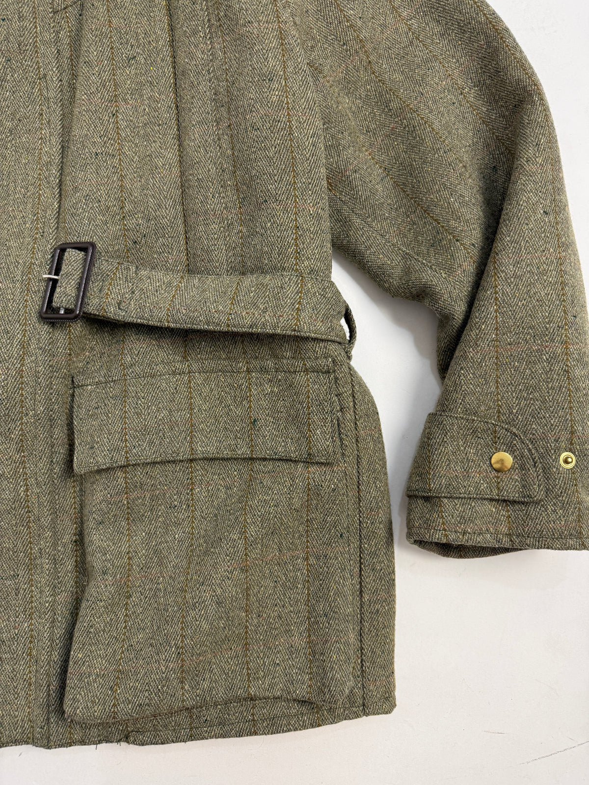 Giacca Vintage Tweed Lana Trapuntata Verde Oliva con Cintura - Taglia L