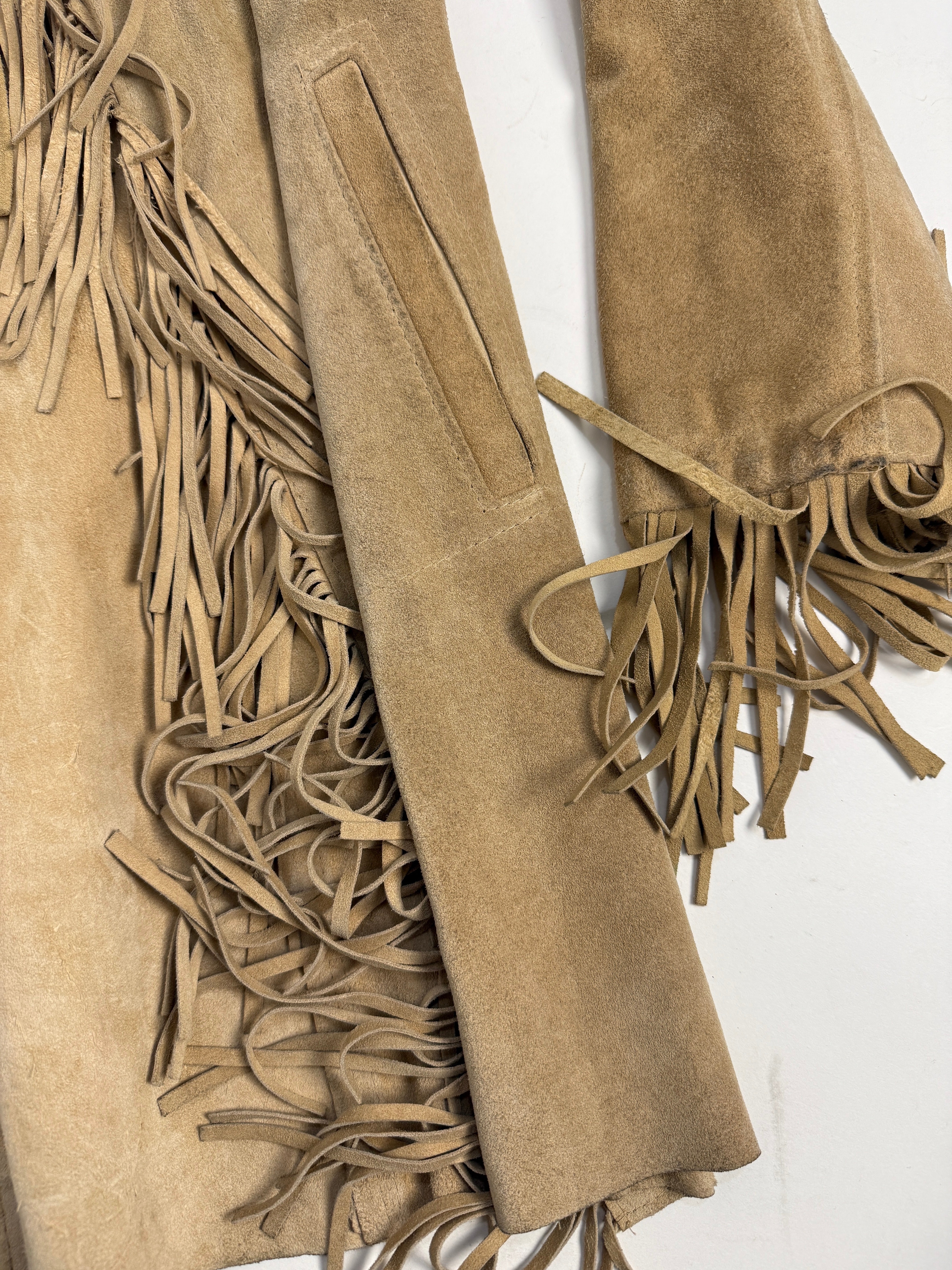 Giacca vintage in pelle con frange beige western