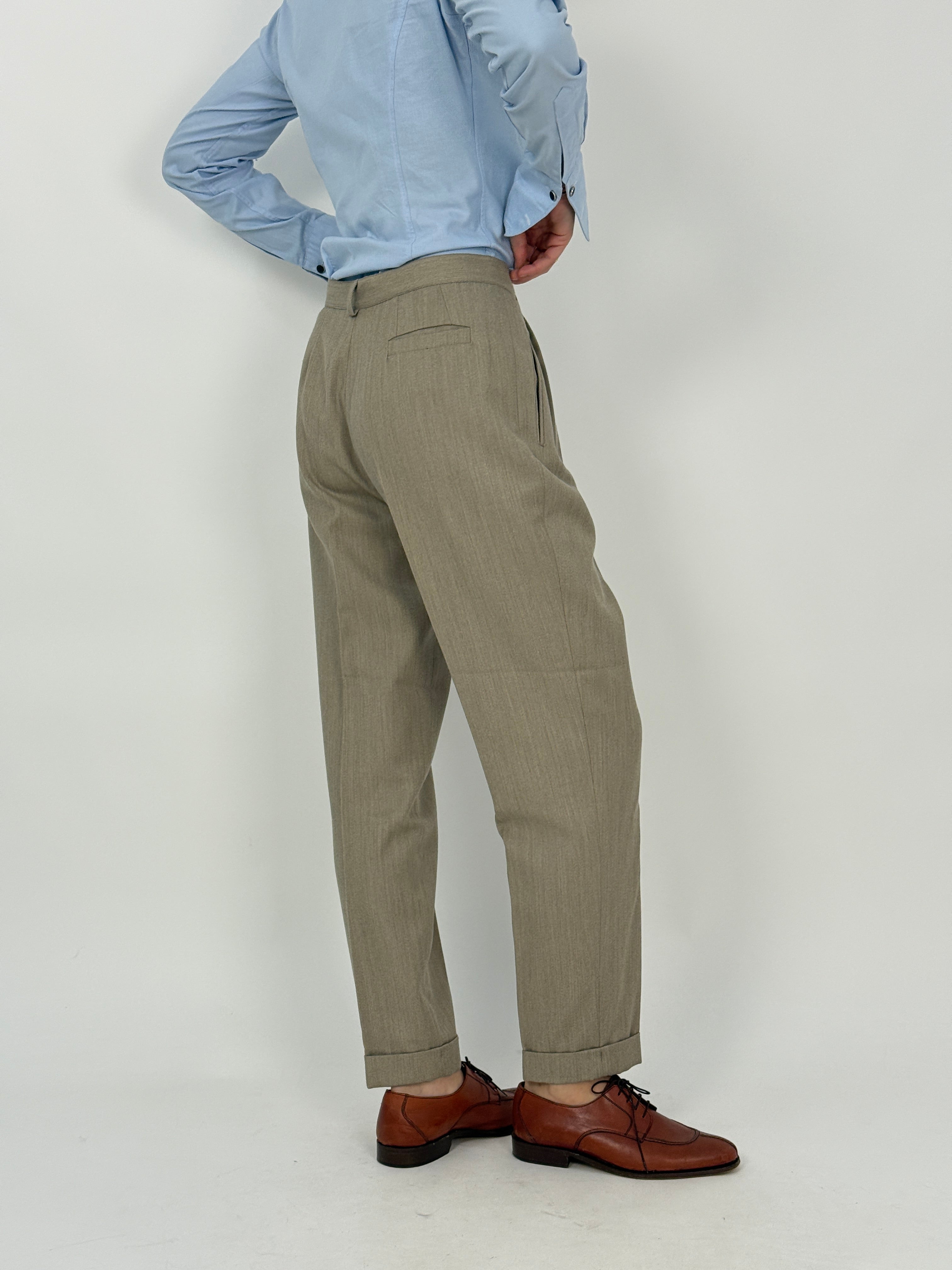 Pantaloni con Doppie Pince in Pura Lana Beige Anni '80 - Taglia 44