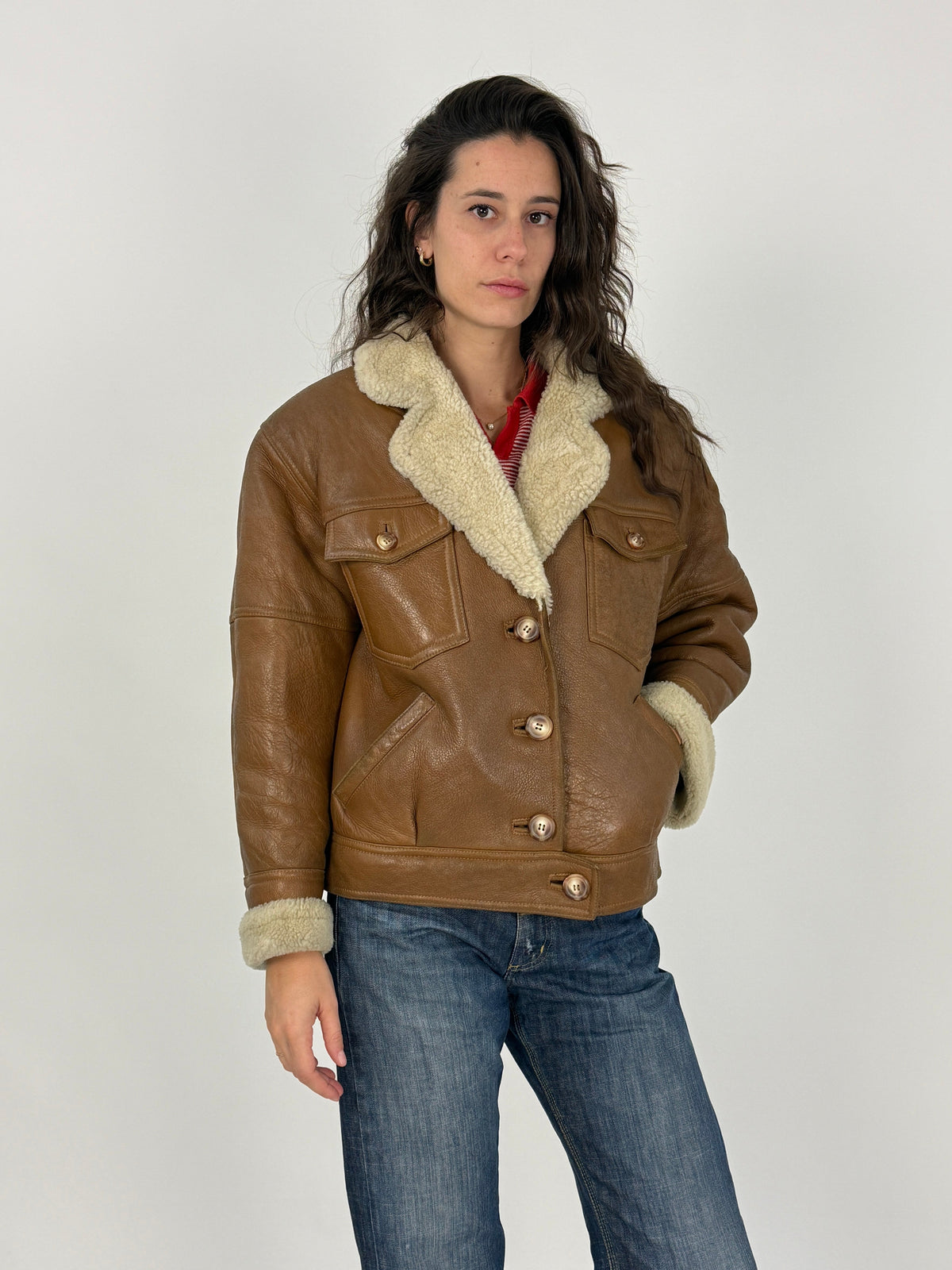 Giacca Shearling Montone Vintage Anni '70 Cognac - Taglia S/M