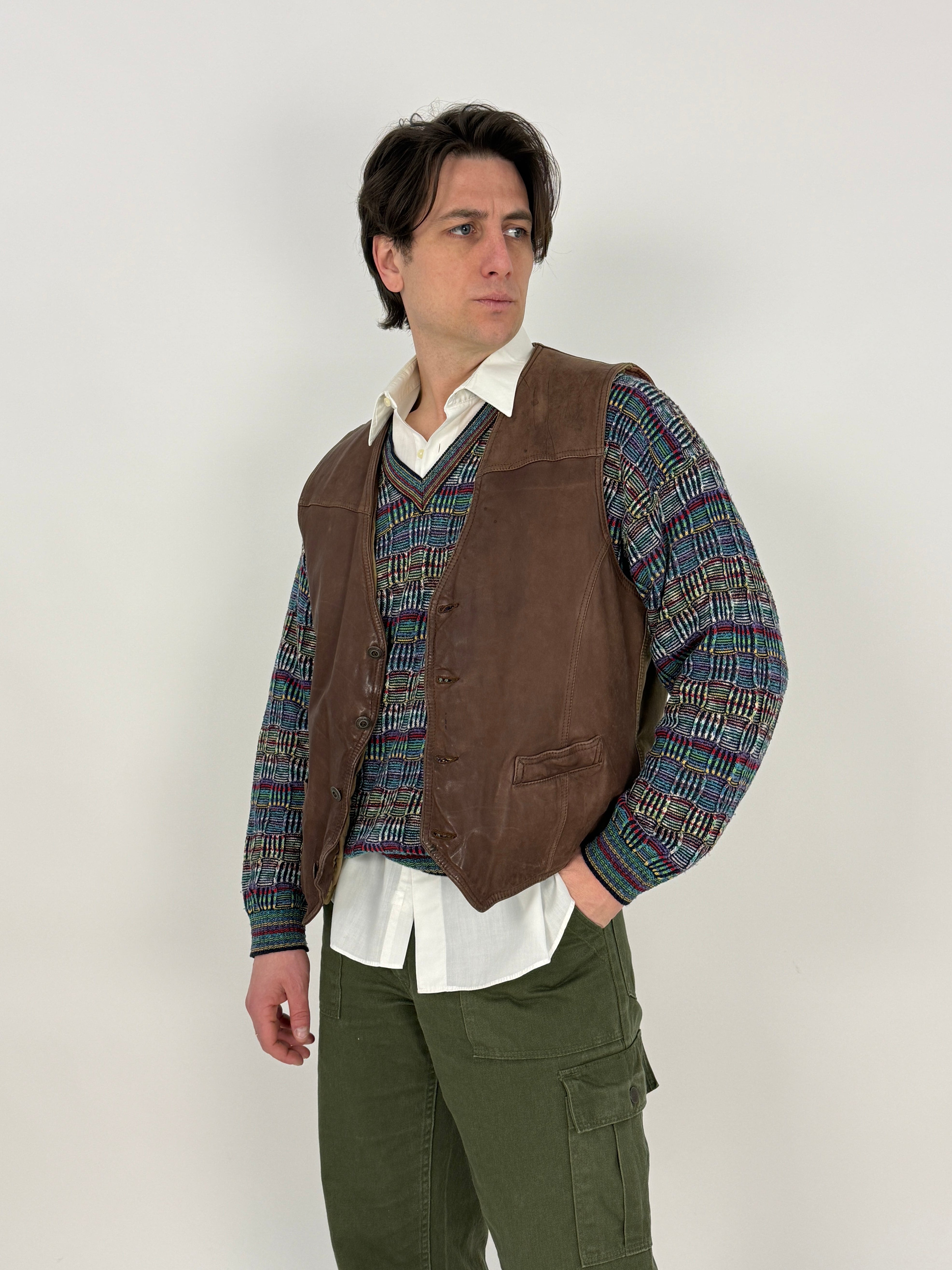Gilet Marlboro in pelle marrone