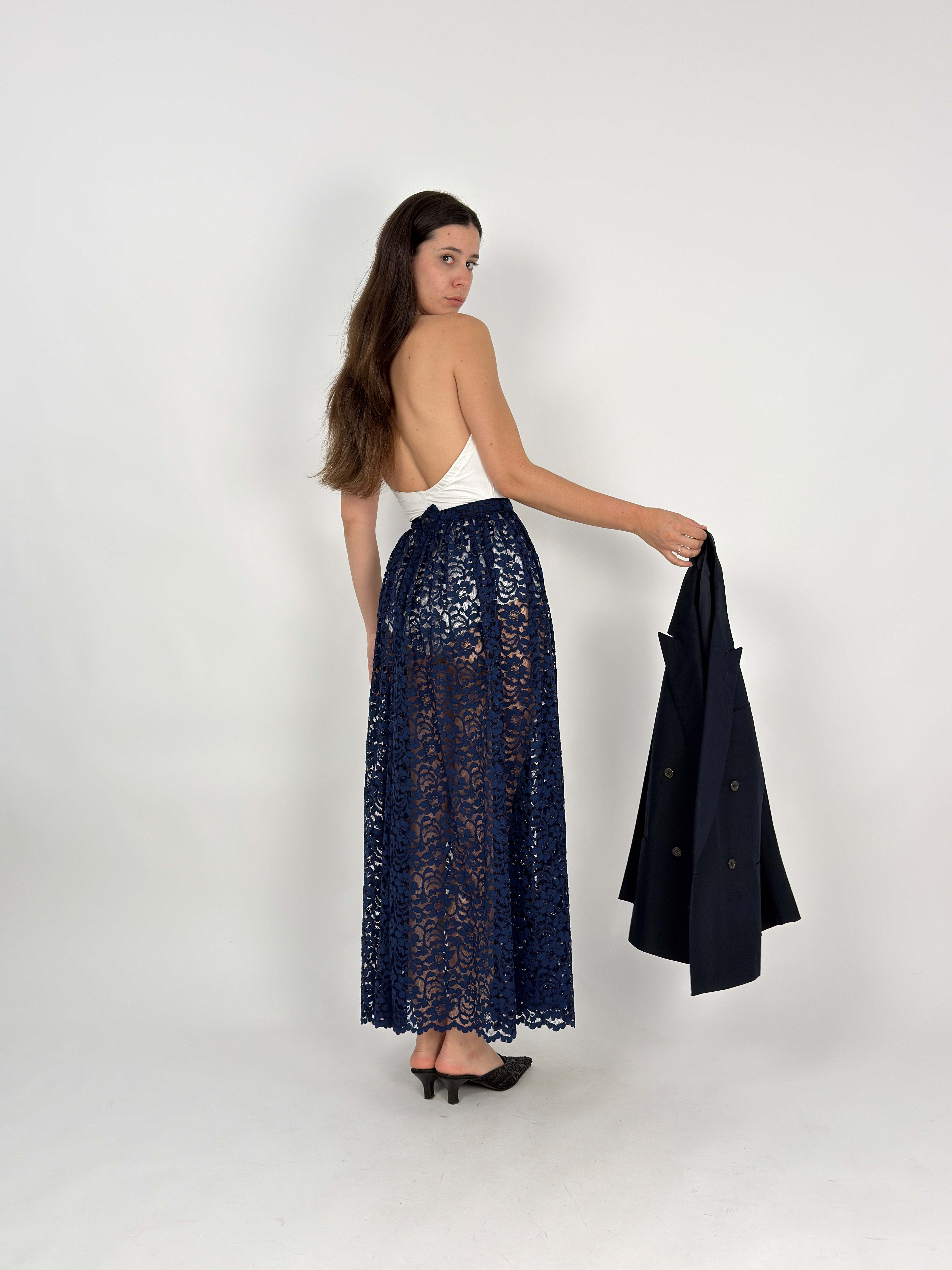 Gonna lunga in Pizzo Macramé Floreale Blu Navy Vintage - Taglia 40/S
