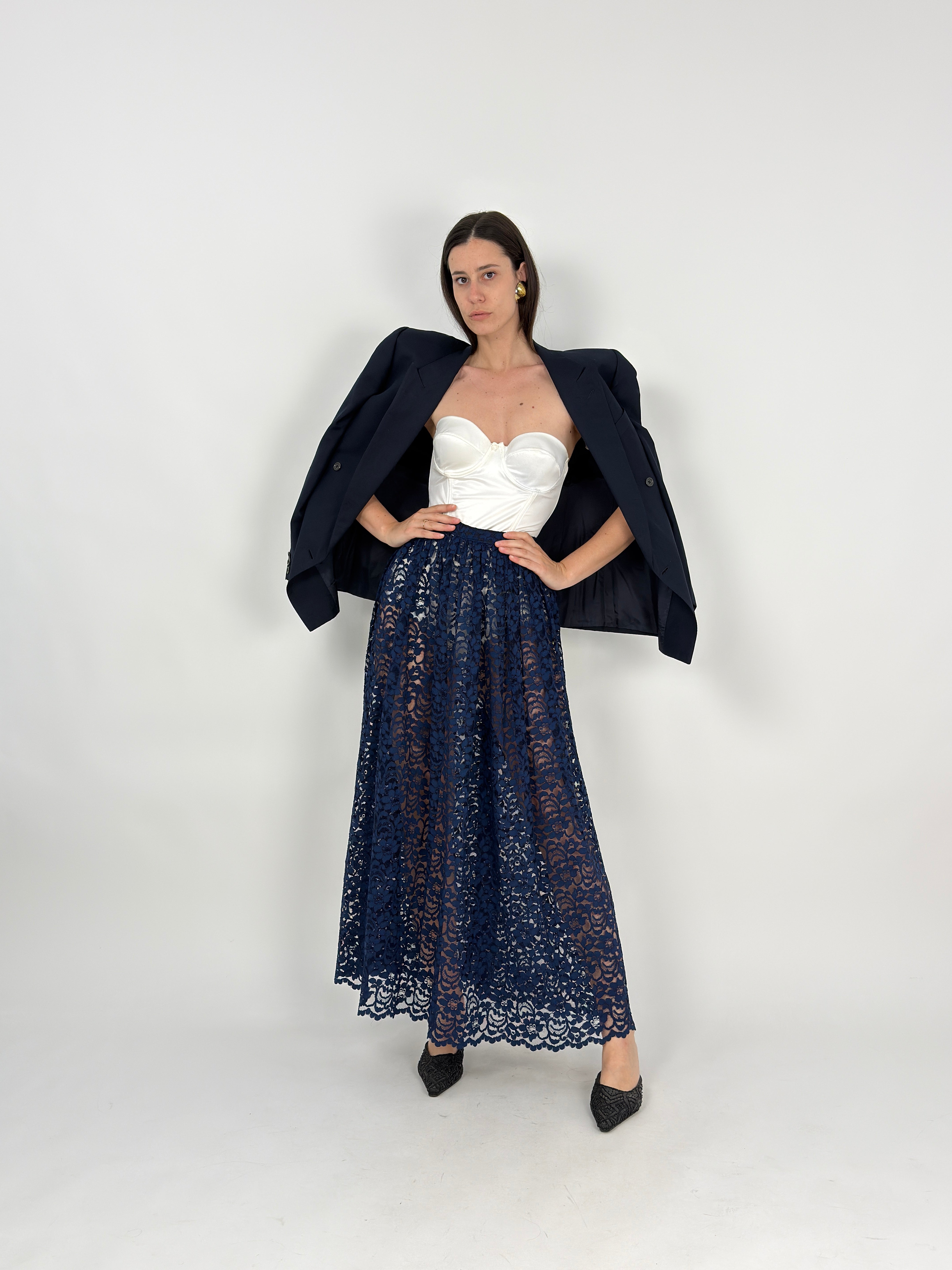 Gonna lunga in Pizzo Macramé Floreale Blu Navy Vintage - Taglia 40/S