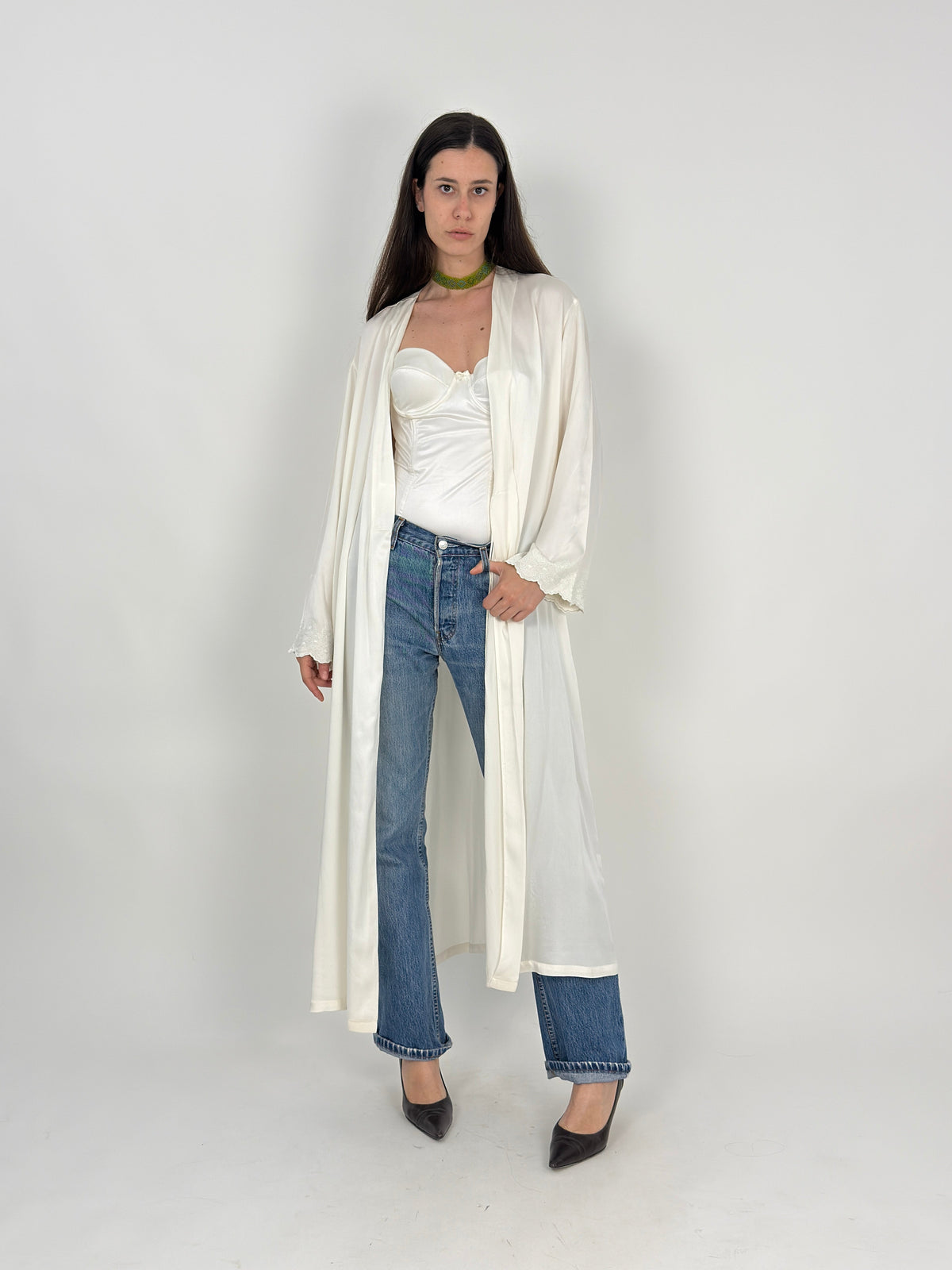 Vestaglia Kimono Pura Seta Avorio con Pizzo Ricamato - Taglia L