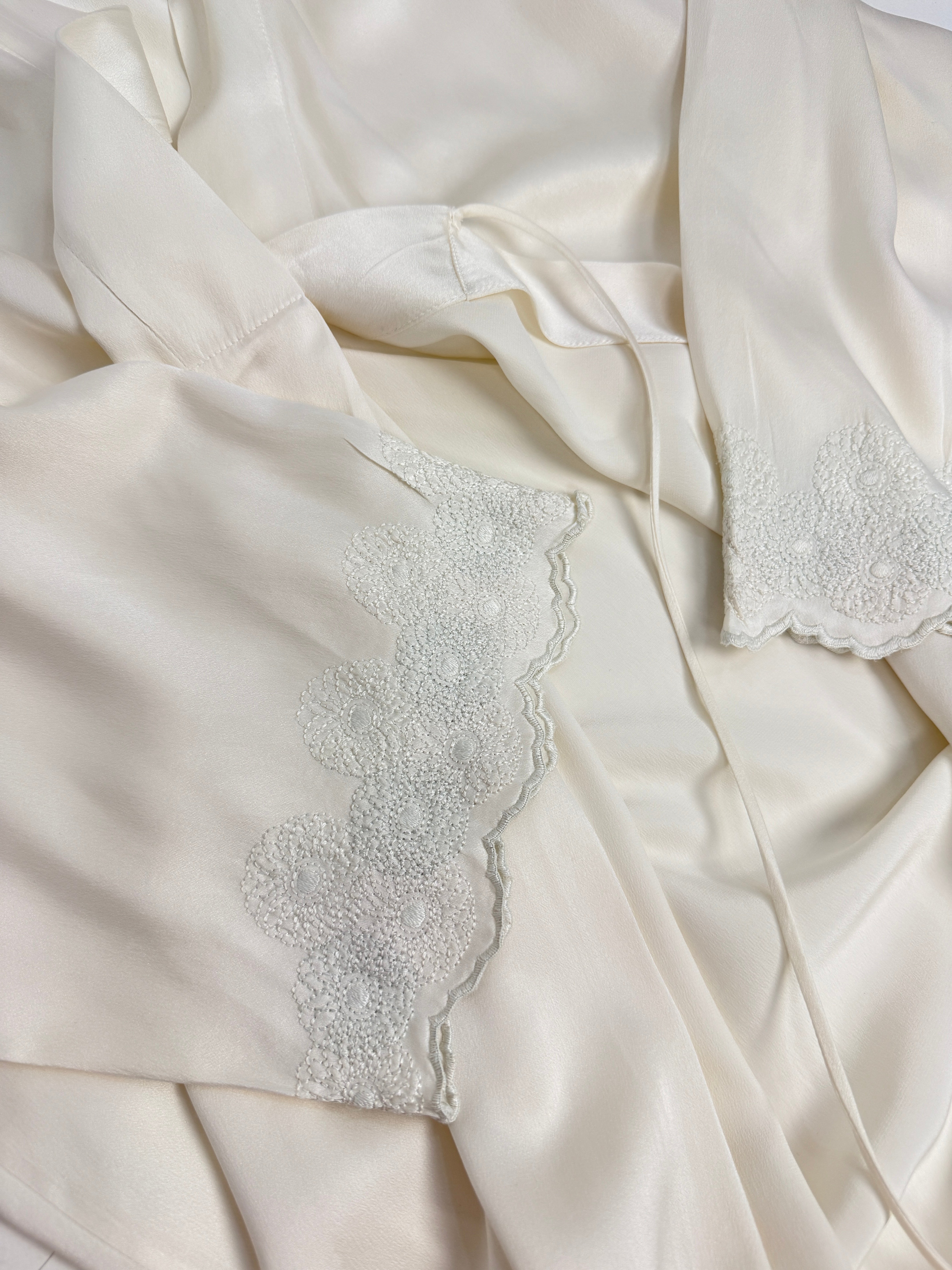 Vestaglia Kimono Pura Seta Avorio con Pizzo Ricamato - Taglia L