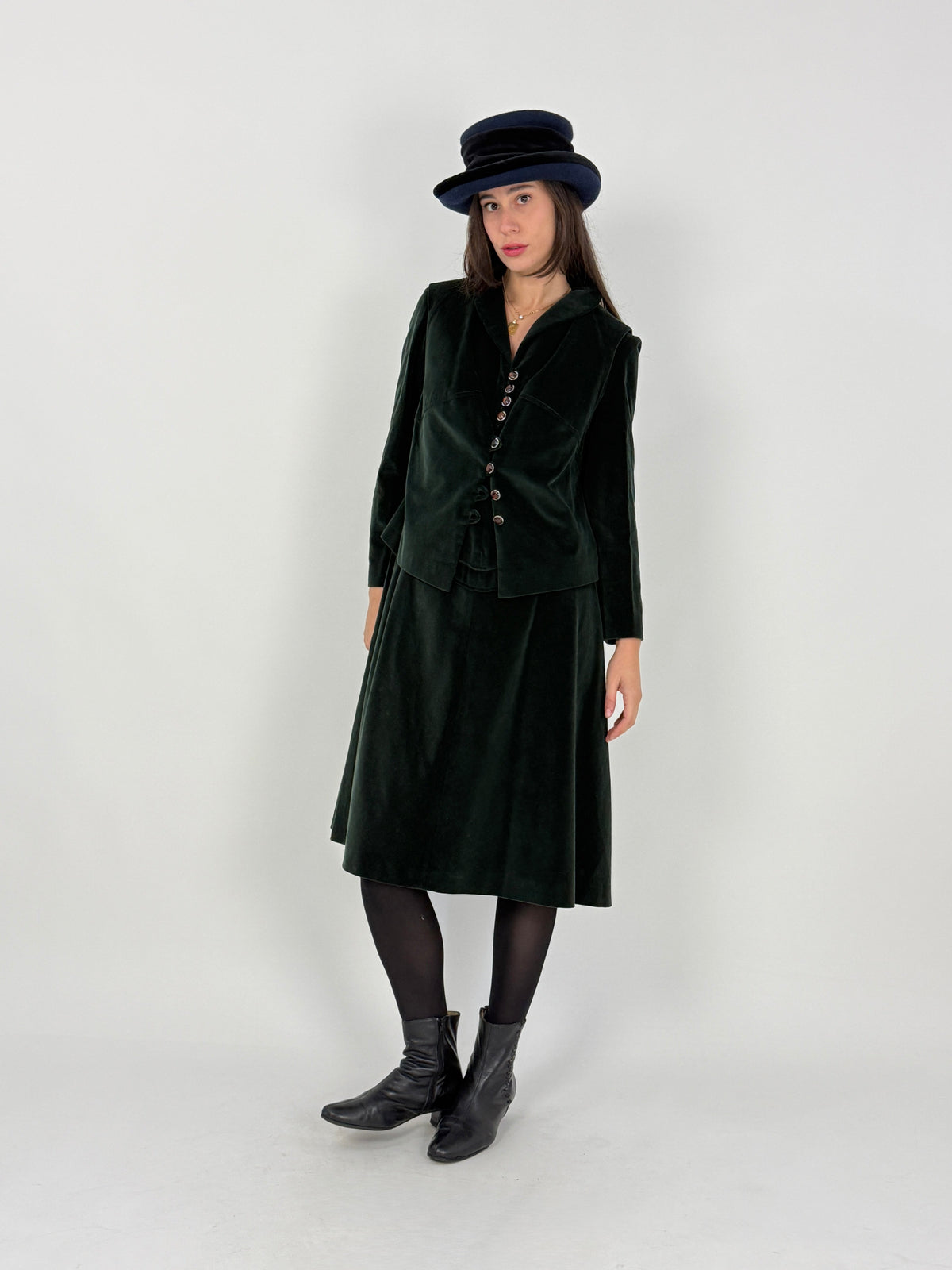Completo Sartoriale Anni '70 Abito e Gilet Velluto Verde Pino - Taglia 44