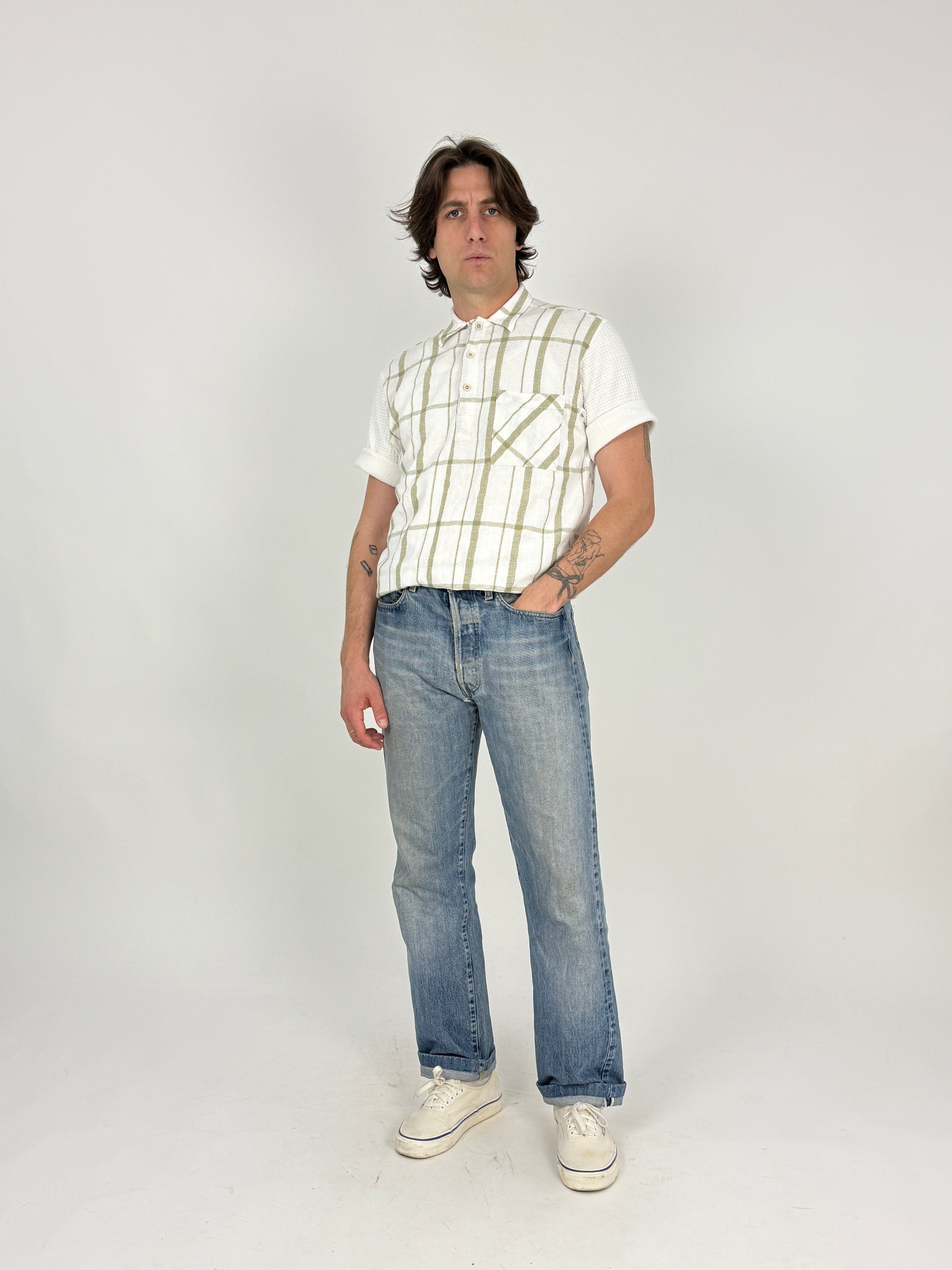 Polo Camicia Misto Lino a Quadri Vintage - Taglia M