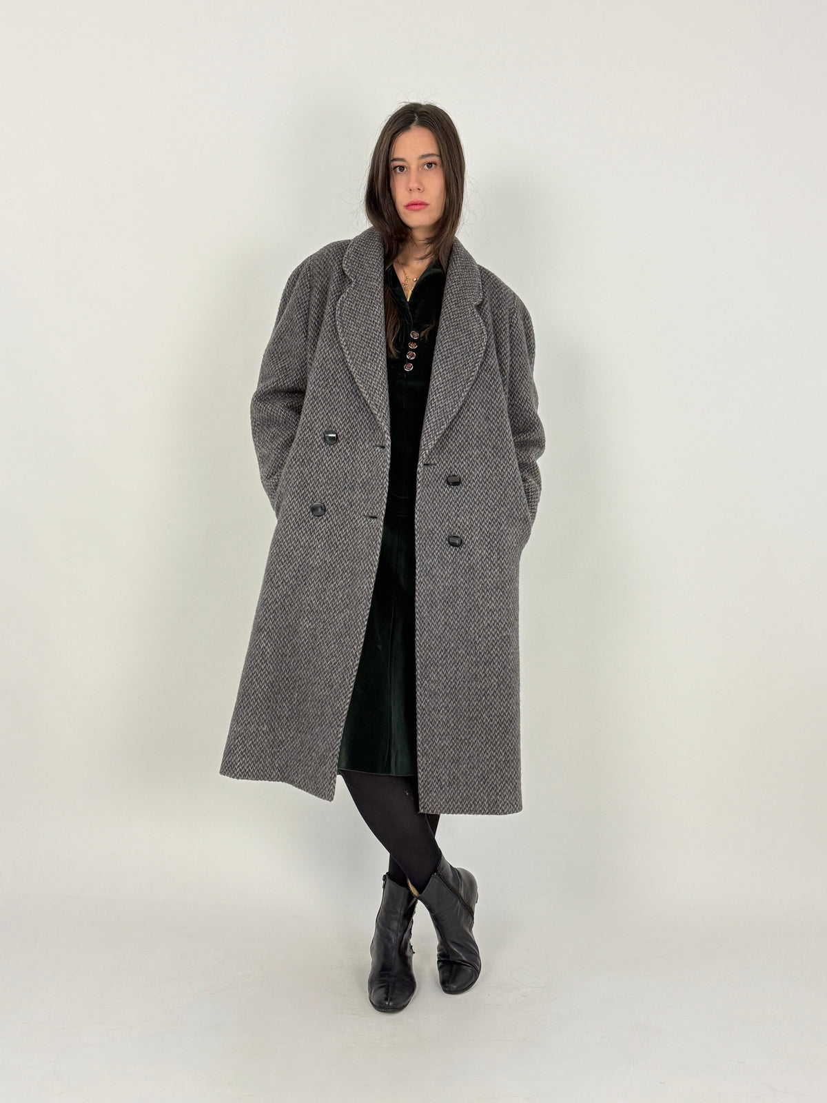 Cappotto Anni '80 Lana di Lama Spinato Grigio - Taglia L