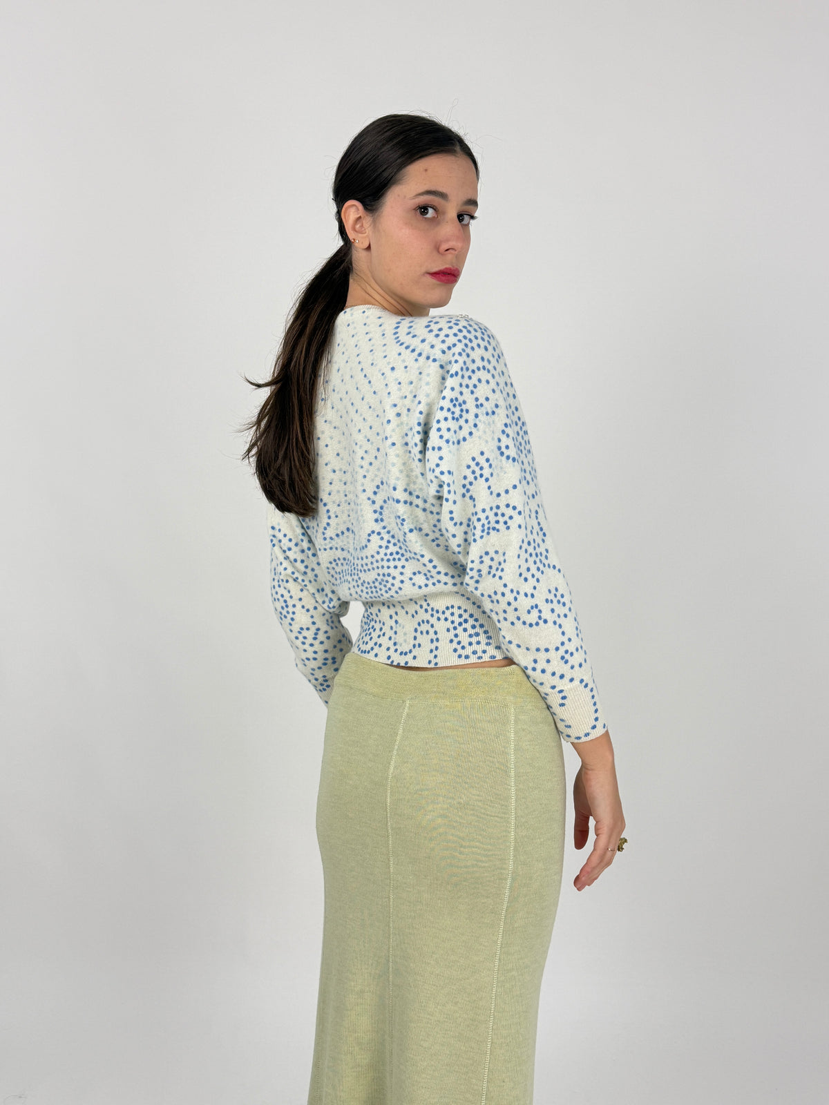 Maglione Cropped Anni '80 Misto Angora Ricami con Perline - Taglia S