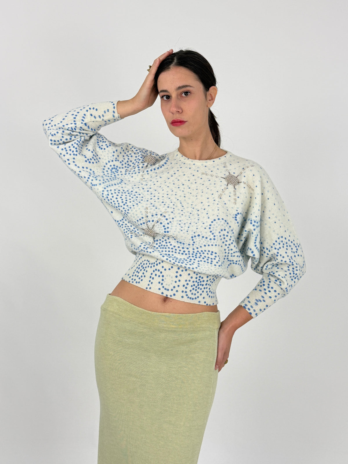 Maglione Cropped Anni '80 Misto Angora Ricami con Perline - Taglia S