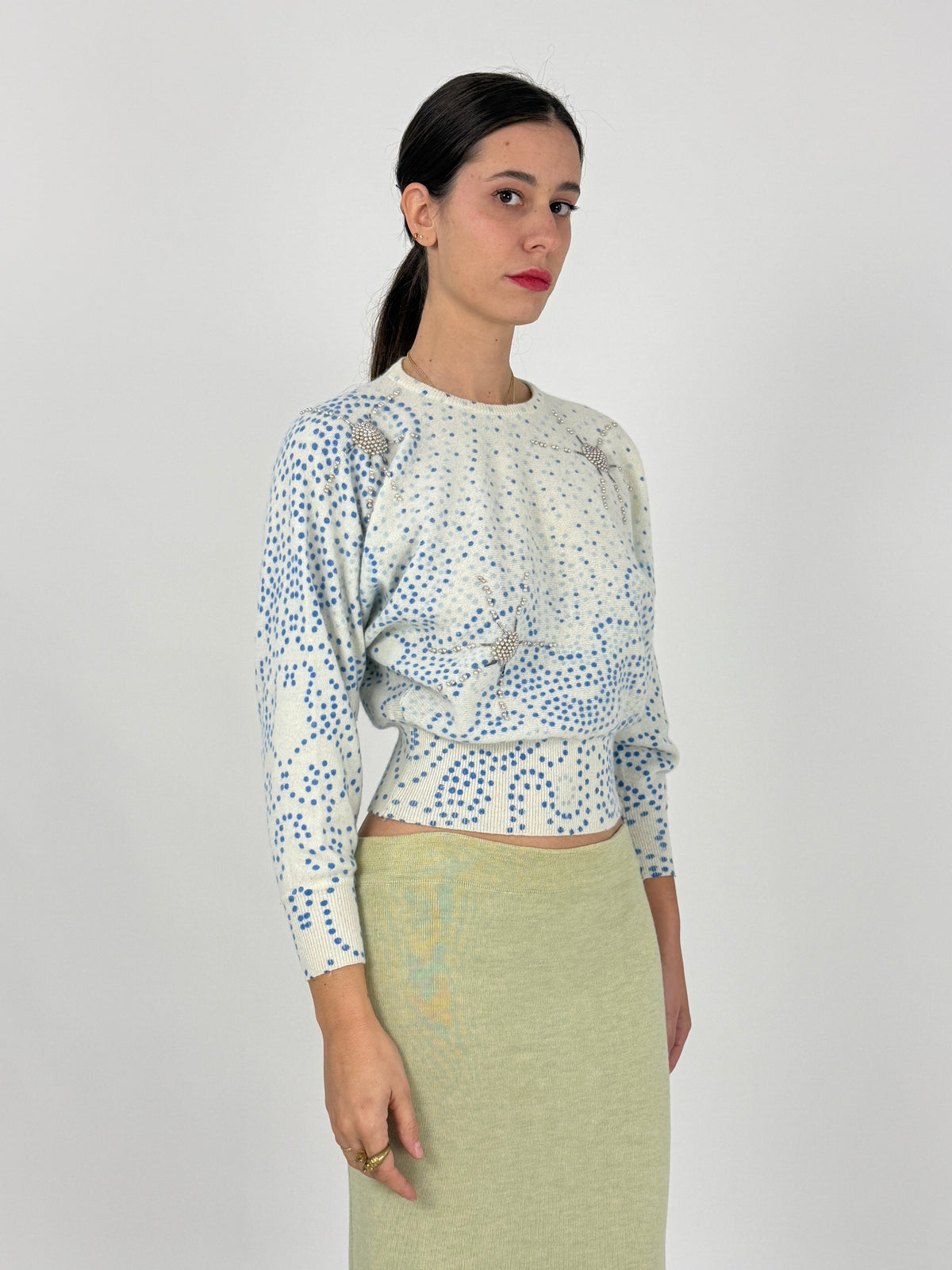 Maglione Cropped Anni '80 Misto Angora Ricami con Perline - Taglia S