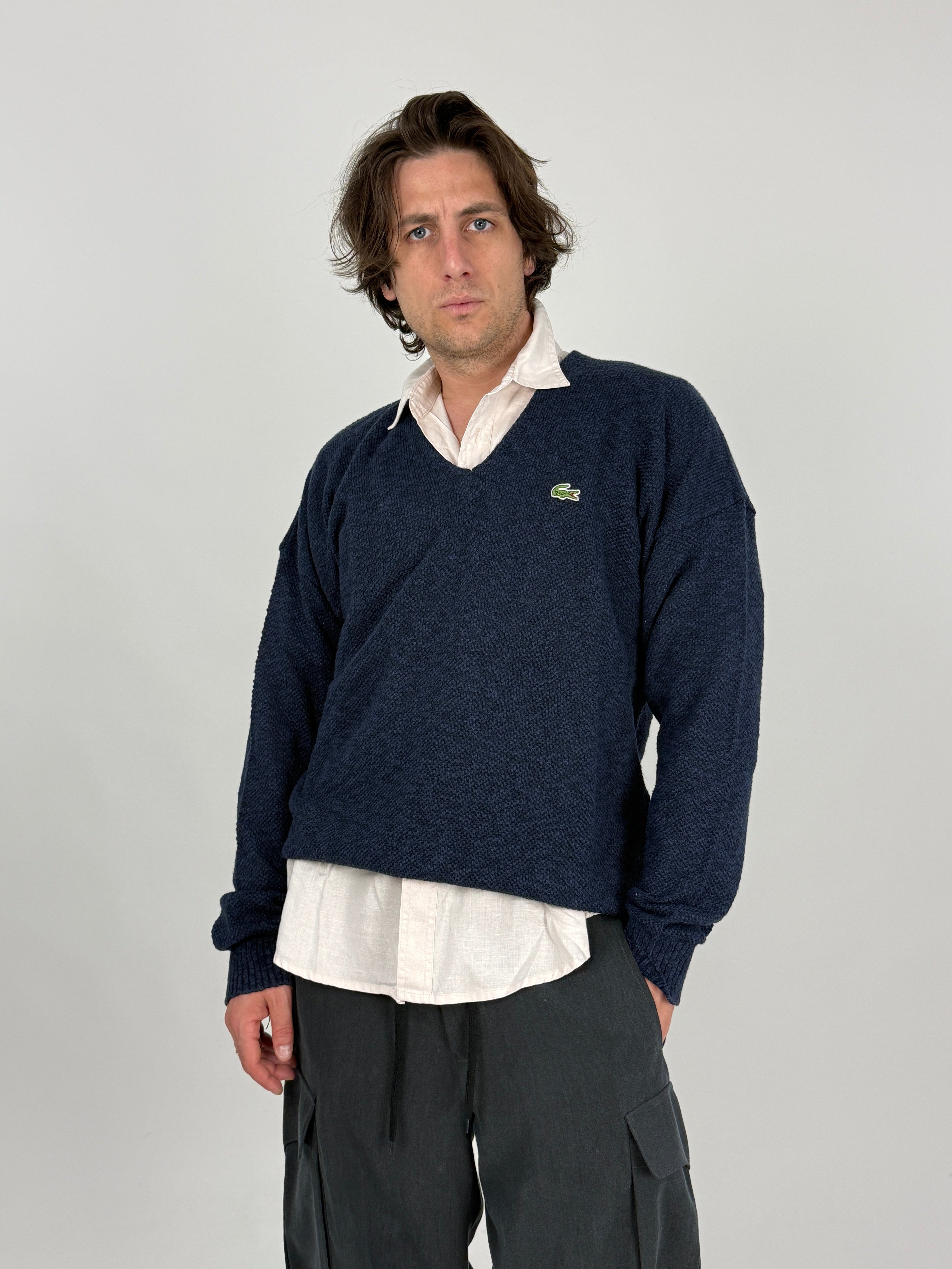 Maglione Vintage Lacoste Made in France Blu Navy Scollo a V - Taglia L