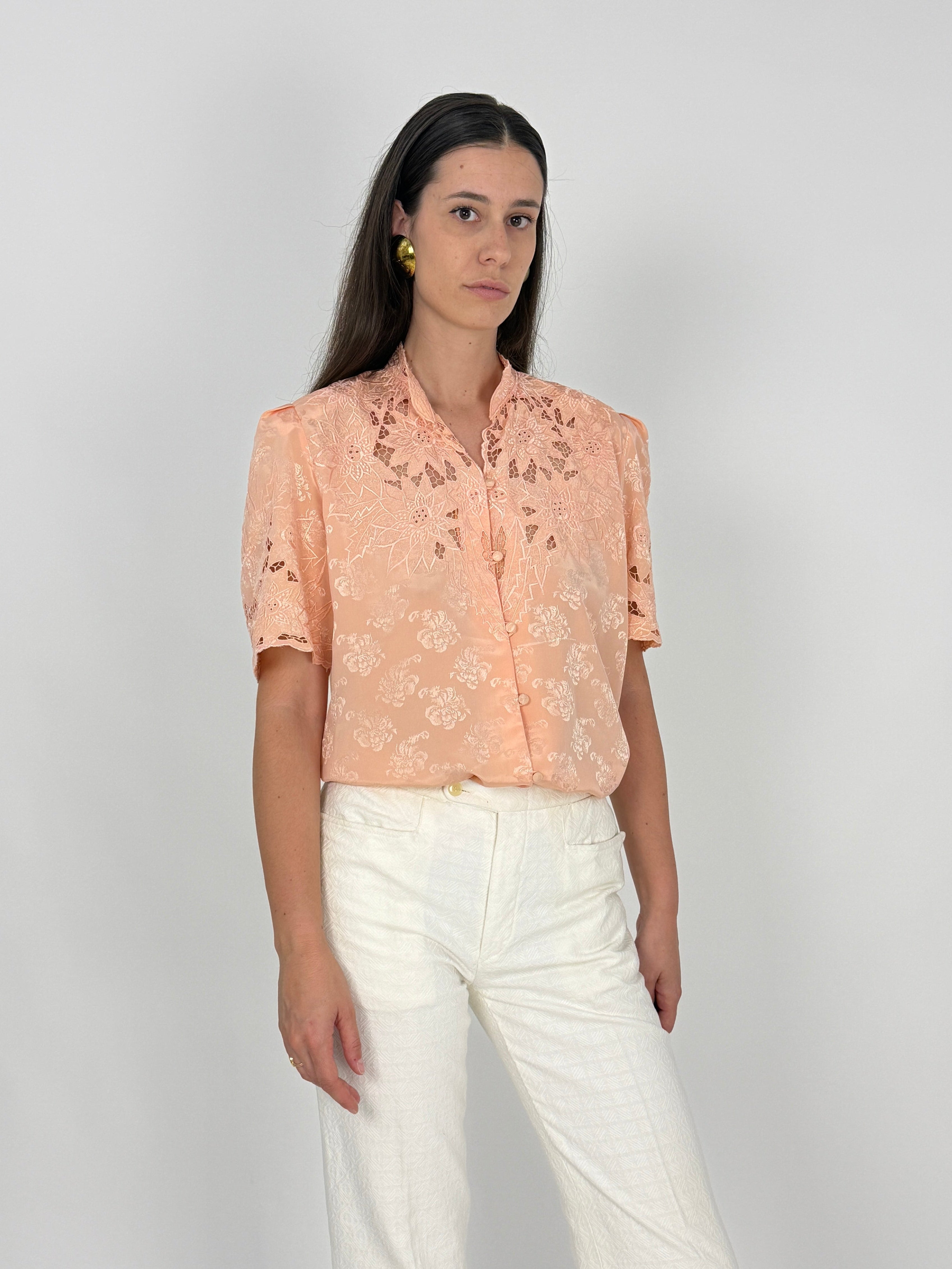 camicia anni '80 da donna manica corta color albicocca con ricami