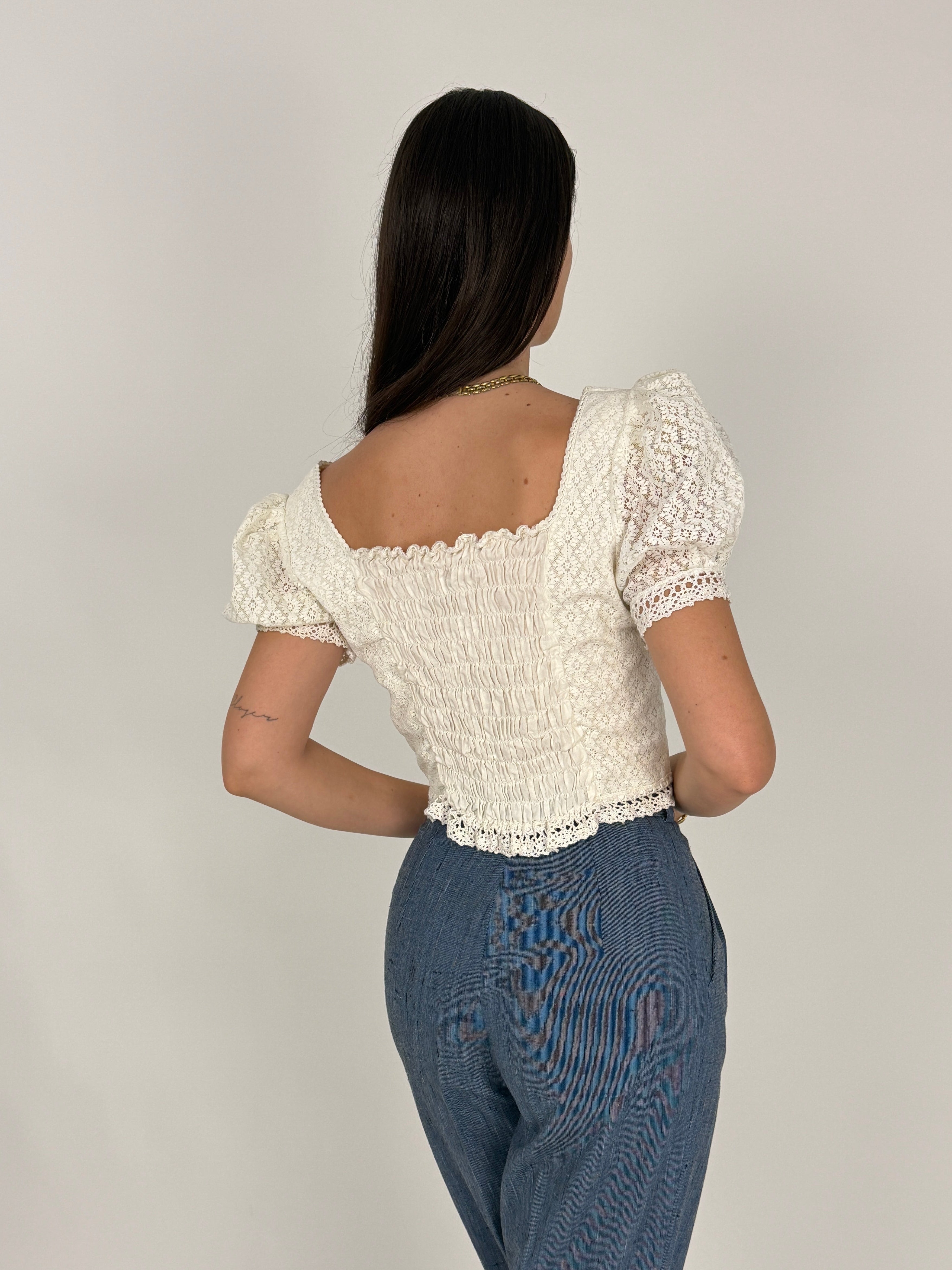 Top Crop Vintage Pizzo Macramé Bianco - Taglia M