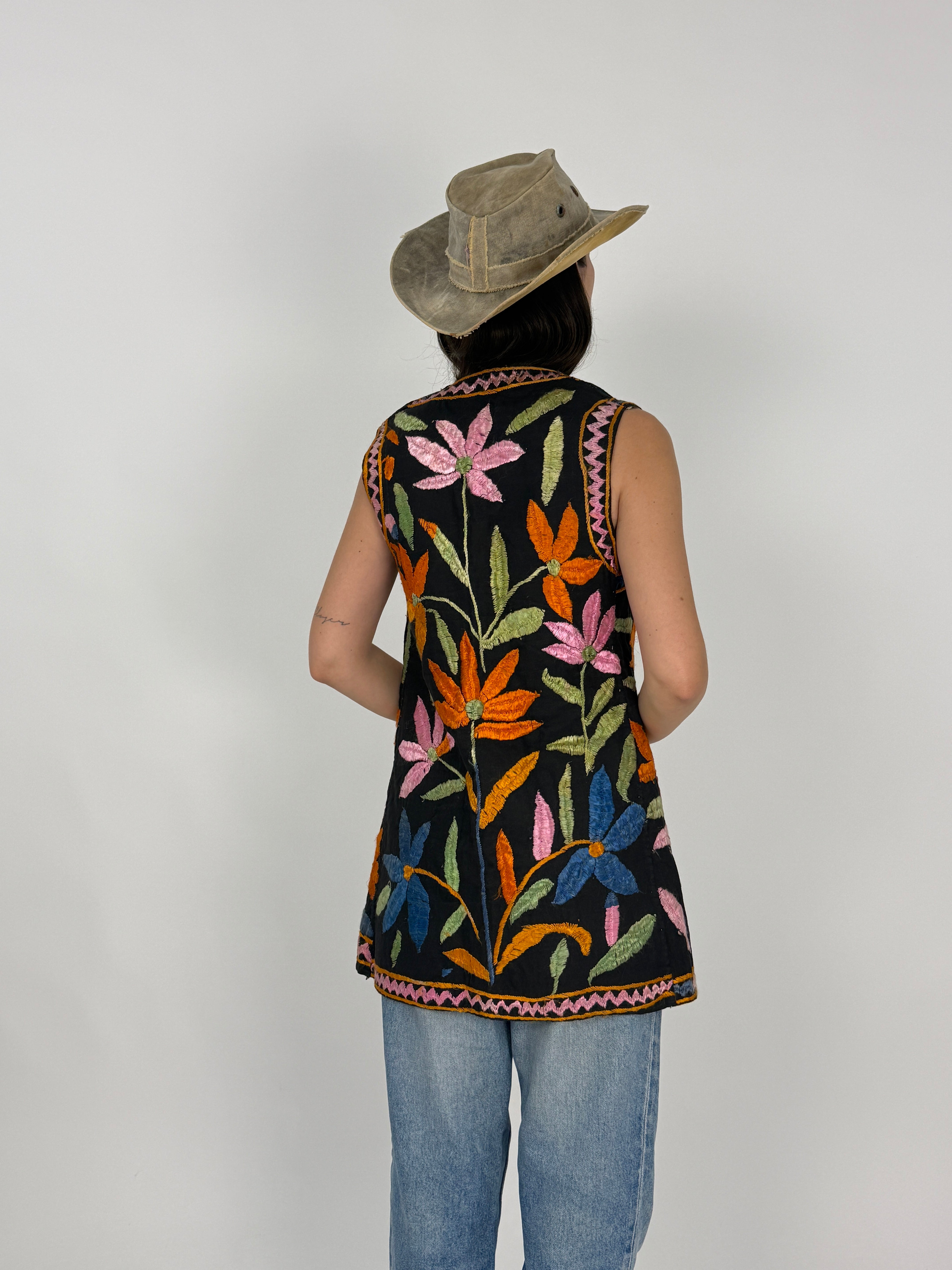 Gilet Artigianale Reversibile Ricamo a Mano Botanico Anni '60/'70 - Taglia M/L