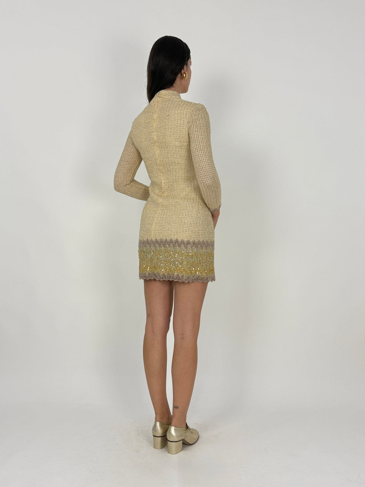 Abito Mini Anni '70 Maglia Lurex Dorata con Paillettes - Taglia S