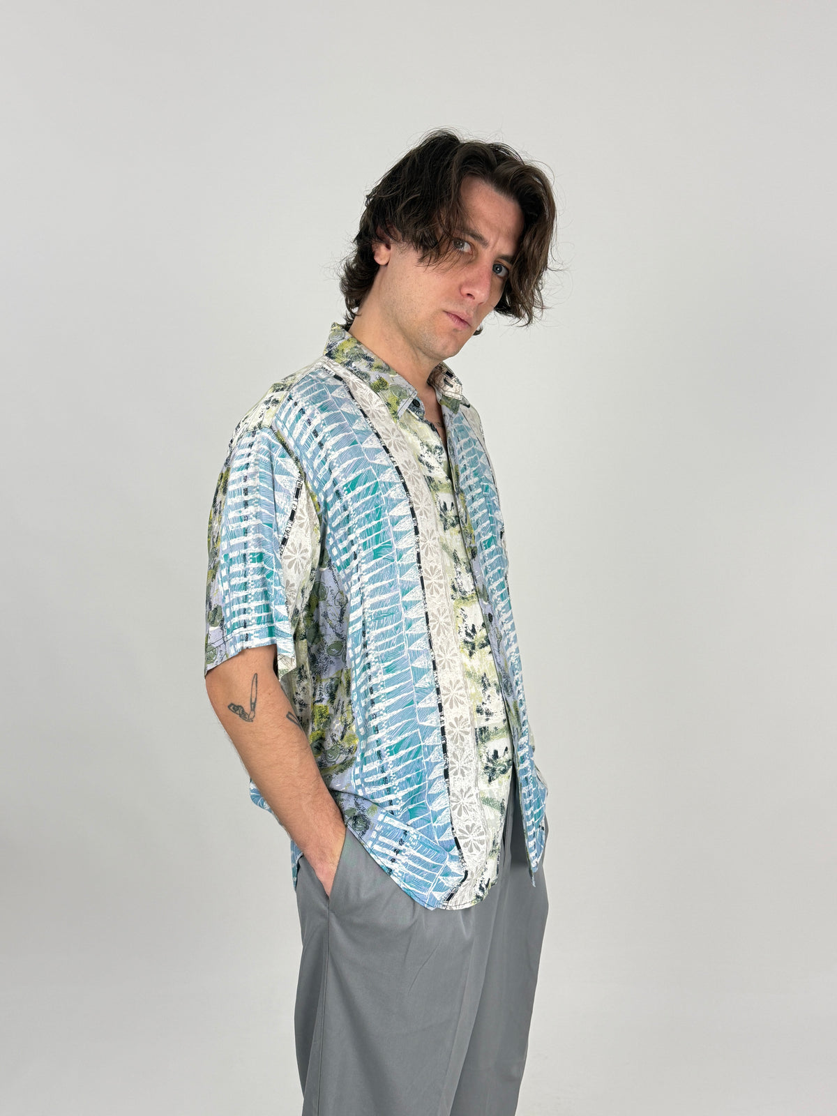 Camicia Viscosa Patchwork Tropicale Anni '90 - Taglia L