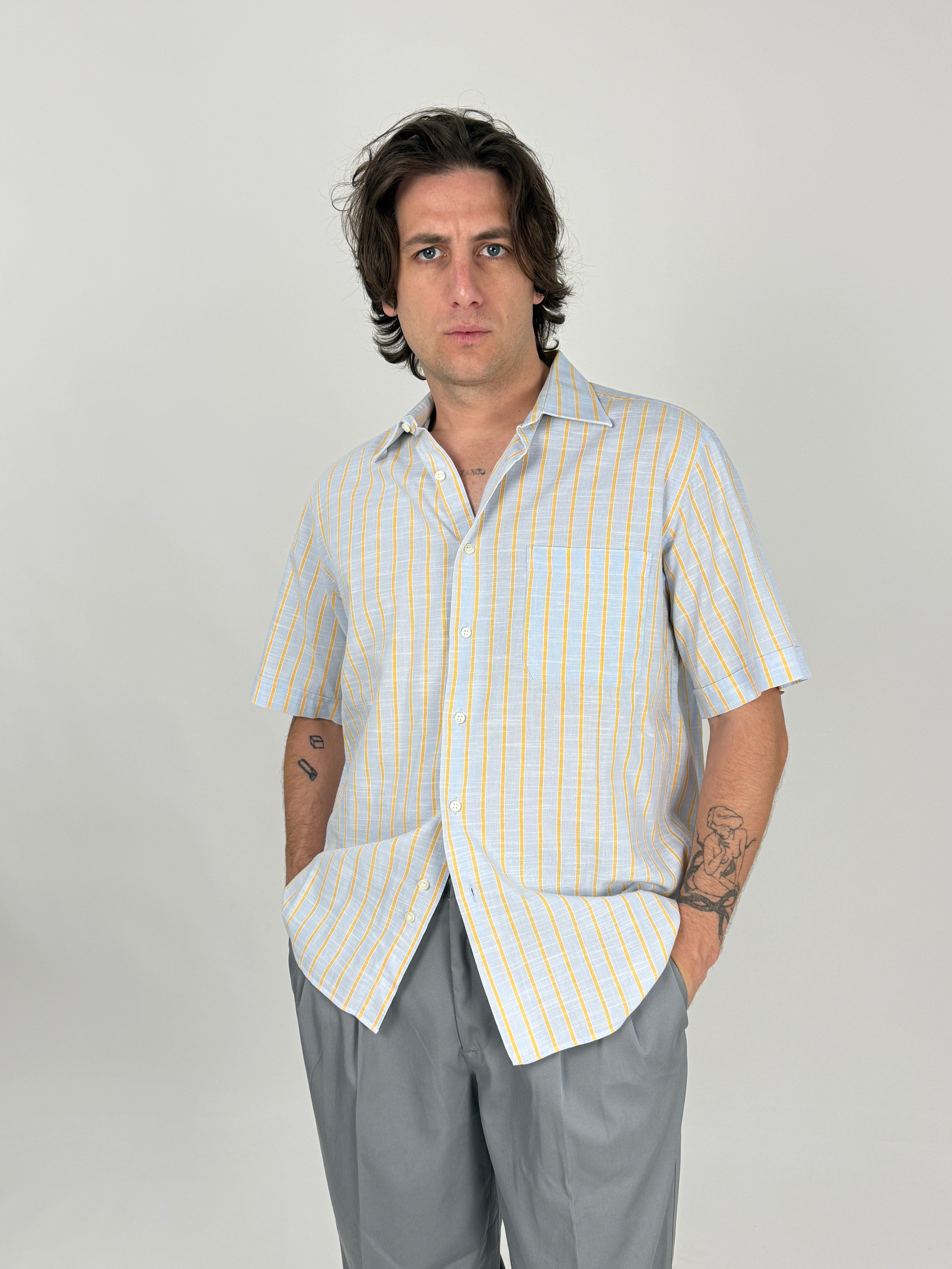 Camicia Vintage in Cotone a Righe Pastello Azzurro Giallo - Taglia M