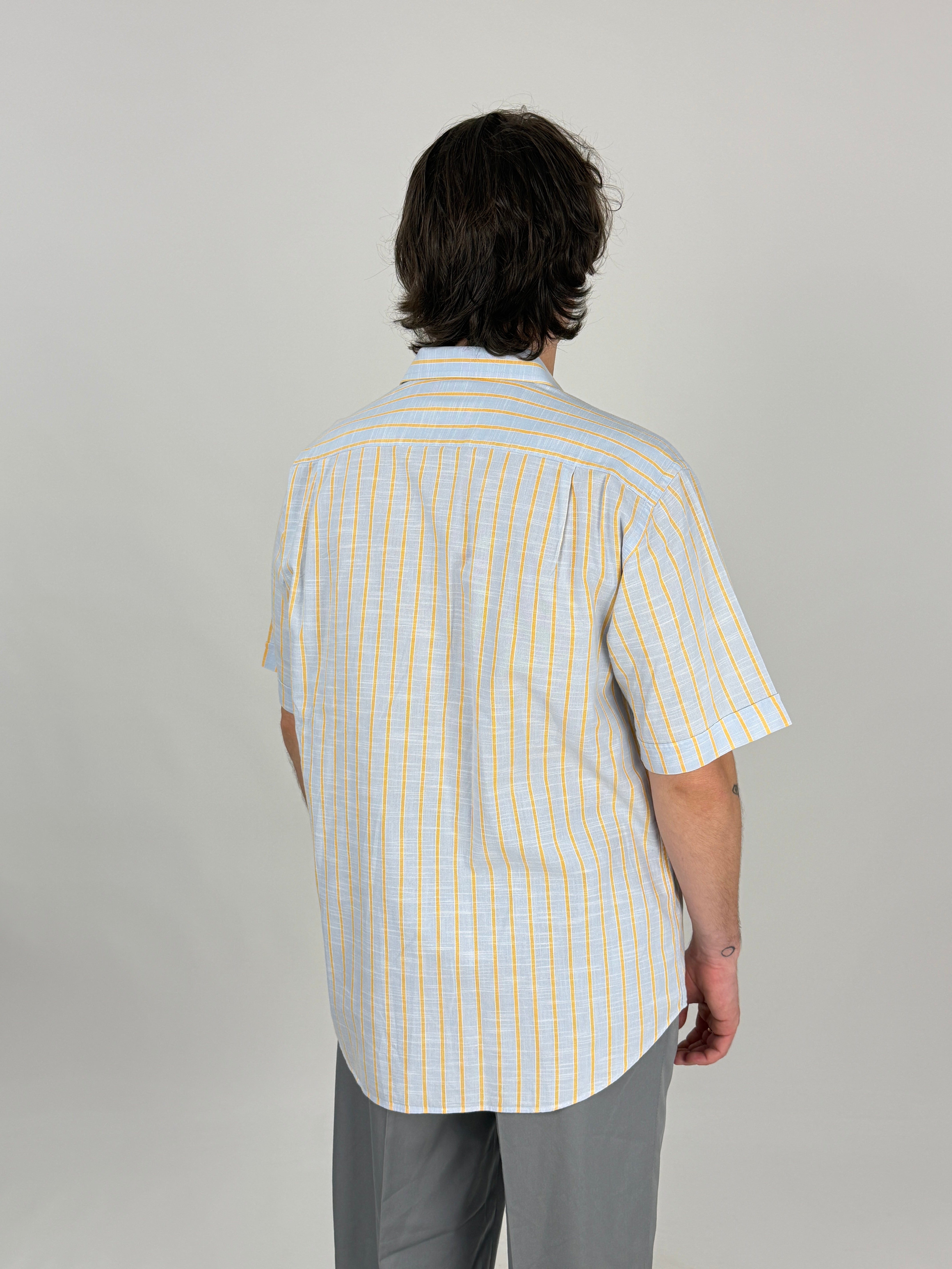 Camicia Vintage in Cotone a Righe Pastello Azzurro Giallo - Taglia M