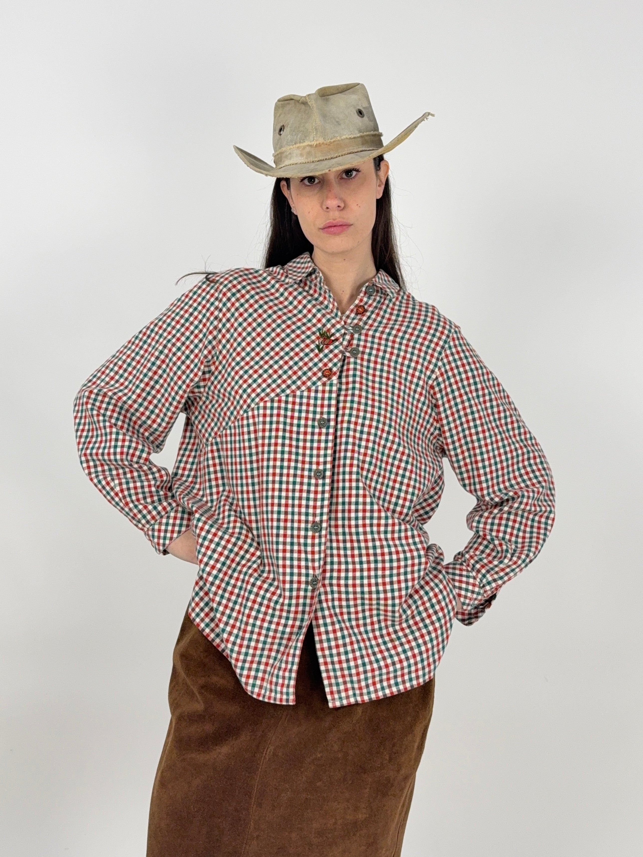 camicia austriaca da donna vintage in cotone a quadretti rosso verde e bianco