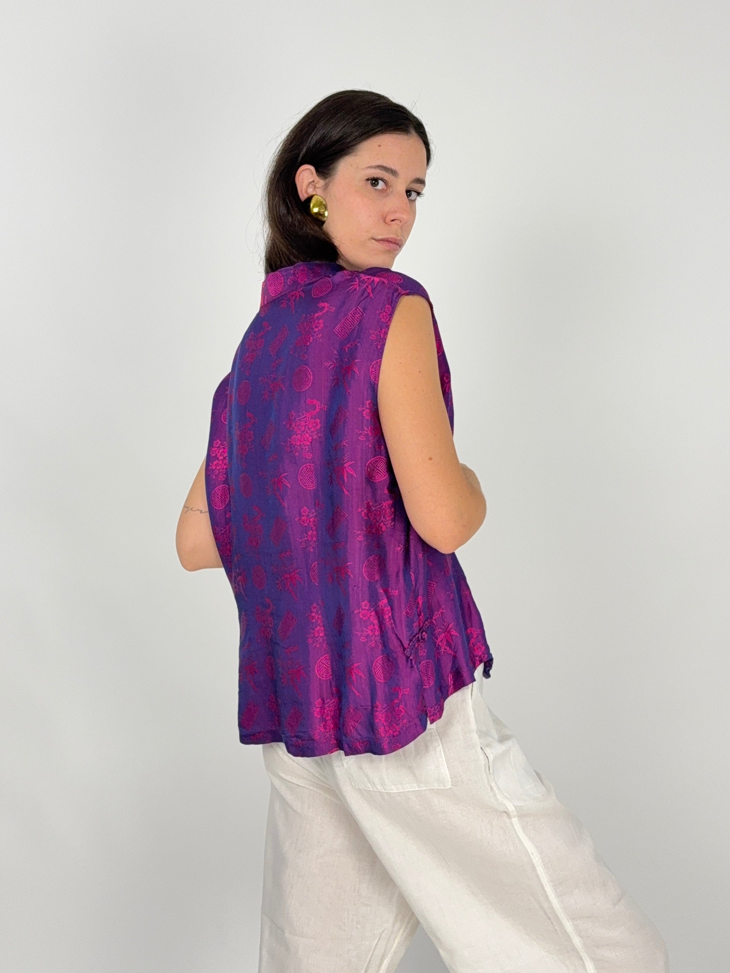 Gilet Vintage Seta Jacquard Cinese Viola - Taglia L