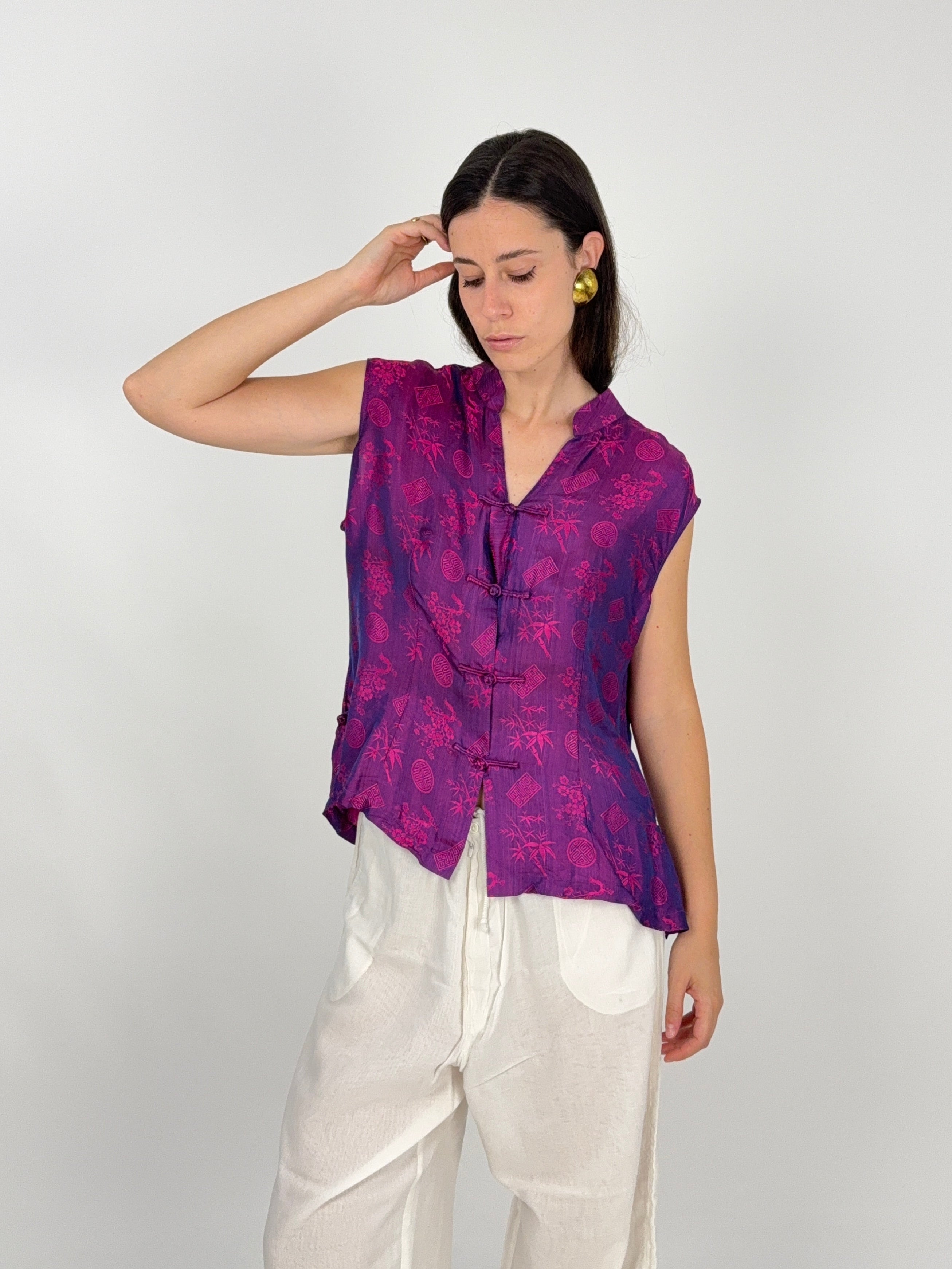 Gilet Vintage Seta Jacquard Cinese Viola - Taglia L
