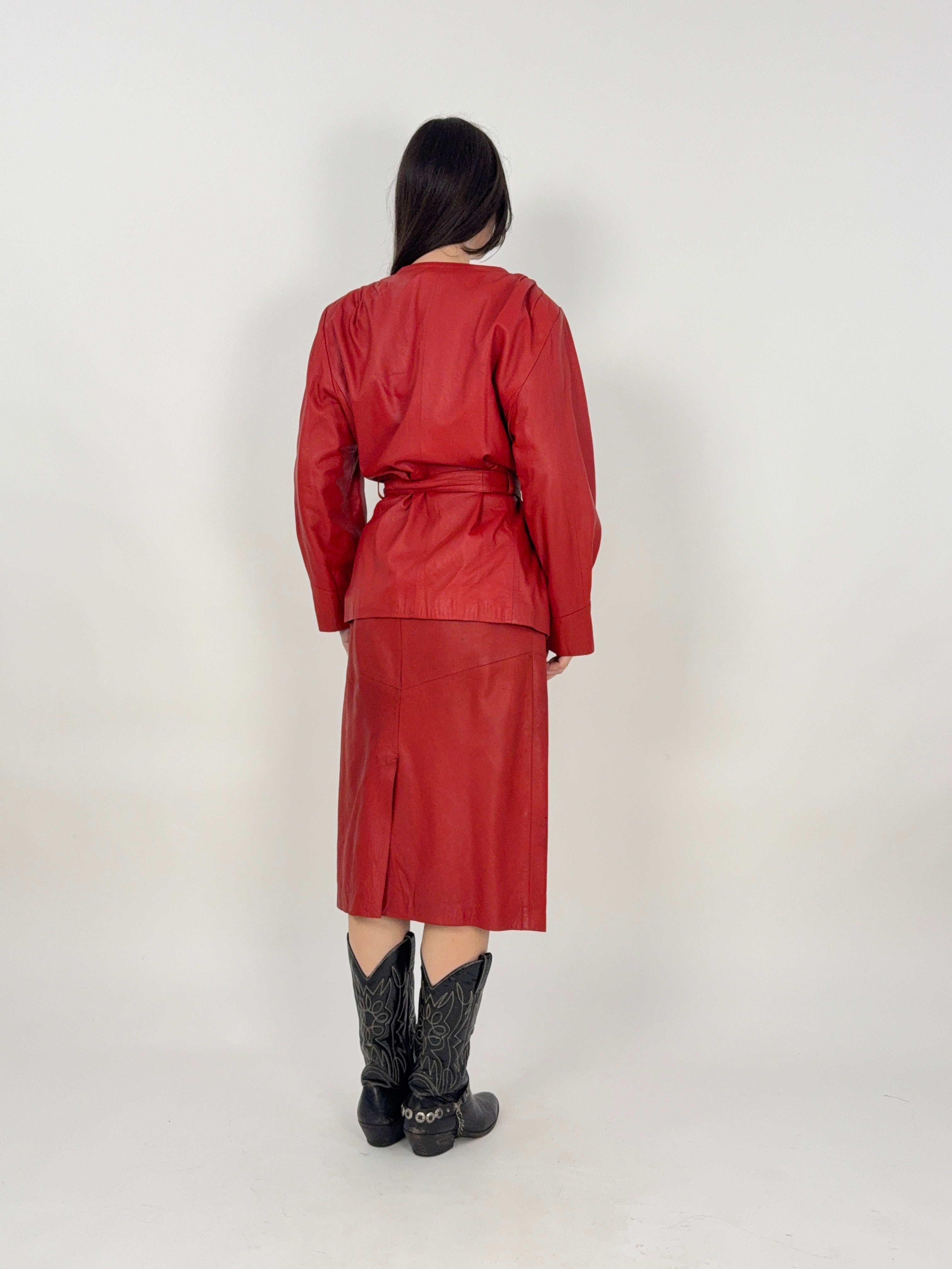 Completo anni '80 - Giacca e Gonna in Vera Pelle Rossa - Set Coordinato