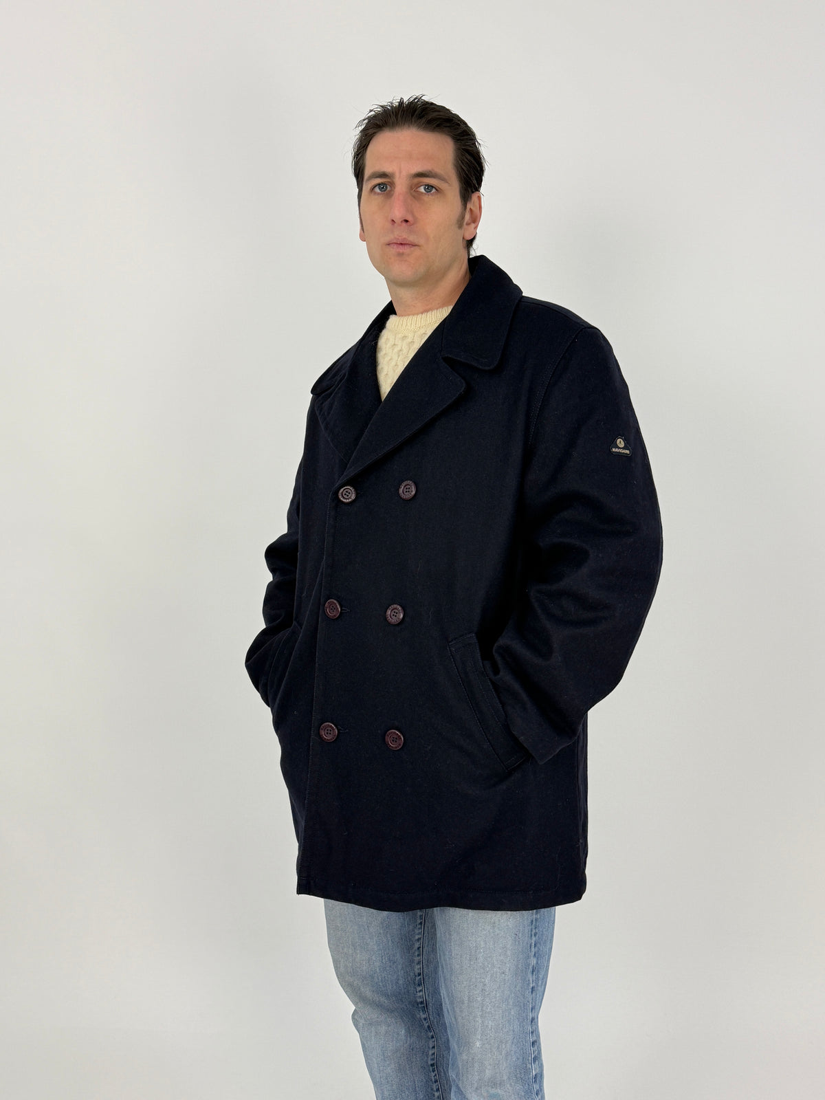 Cappotto Vintage Navigare Lana Blu Doppiopetto - Taglia L