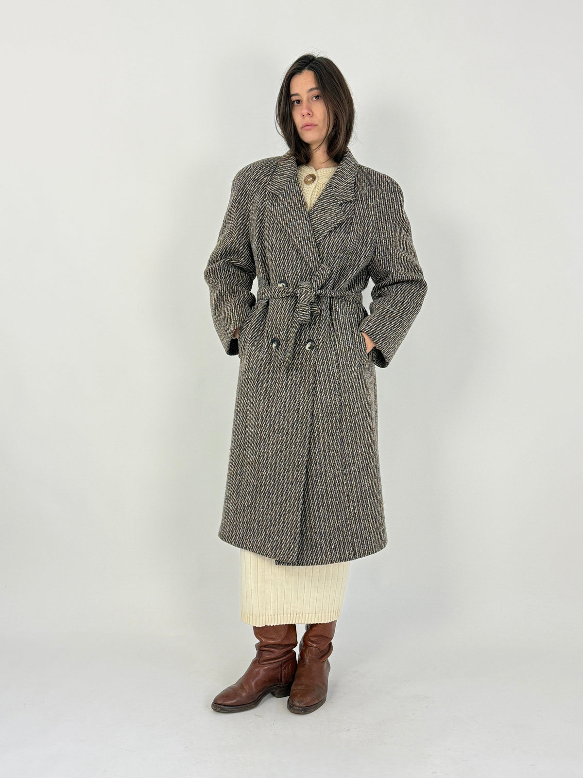 Cappotto lungo doppiopetto vintage con cintura - Taglia L