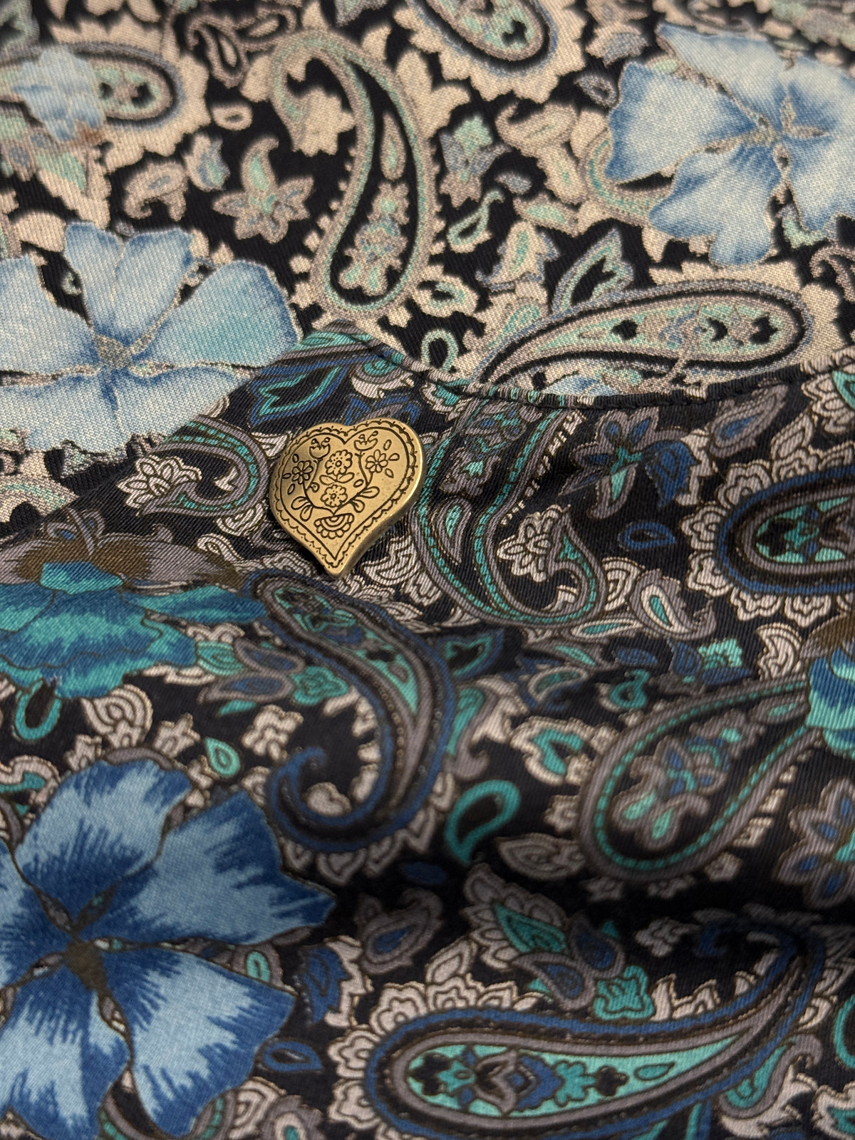 Abito Vintage Artigianale Folk Paisley Blu Bottoni a Cuore - Taglia L