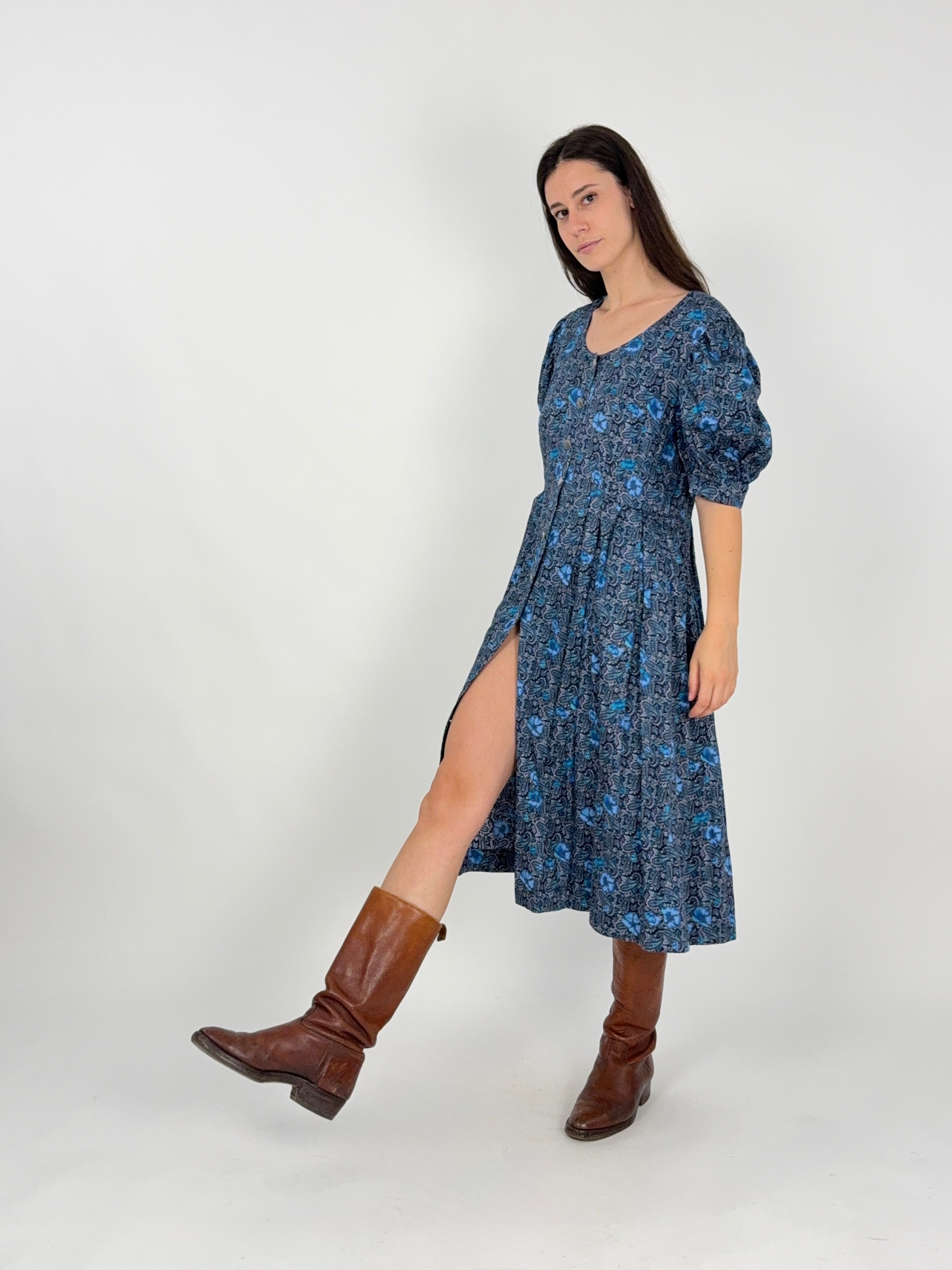 Abito Vintage Artigianale Folk Paisley Blu Bottoni a Cuore - Taglia L