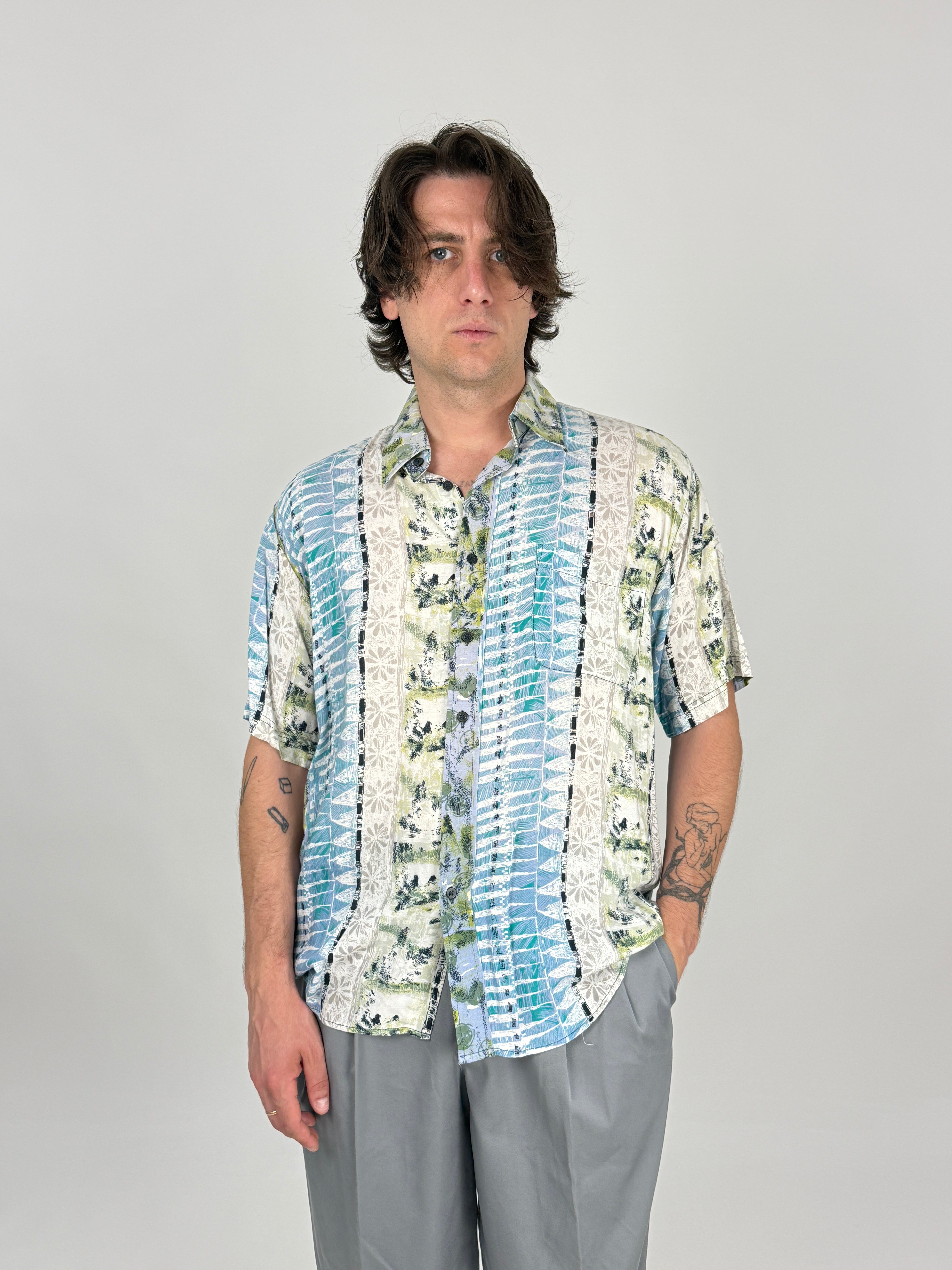 Camicia Viscosa Patchwork Tropicale Anni '90 - Taglia L