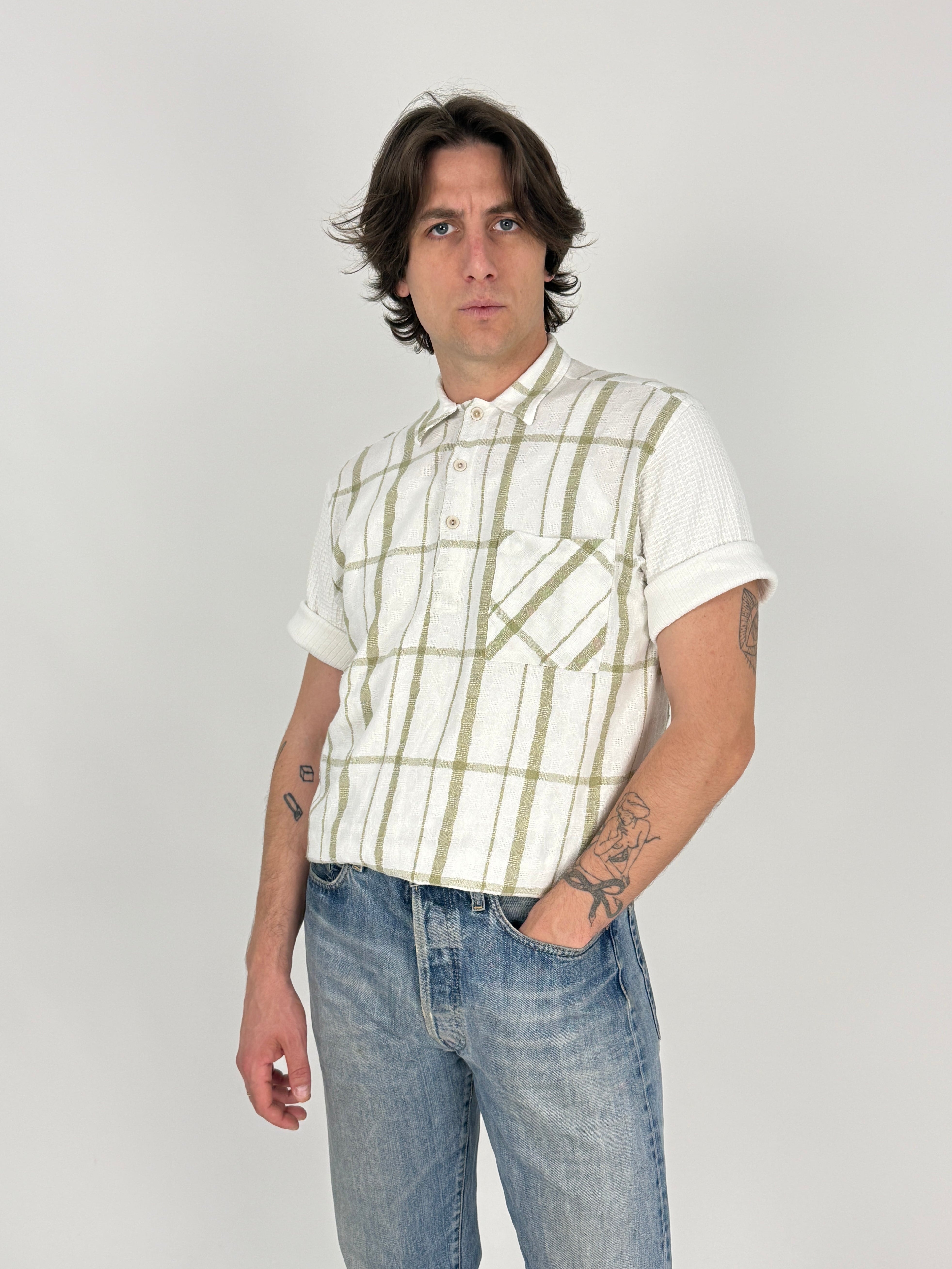 Polo Camicia Misto Lino a Quadri Vintage - Taglia M