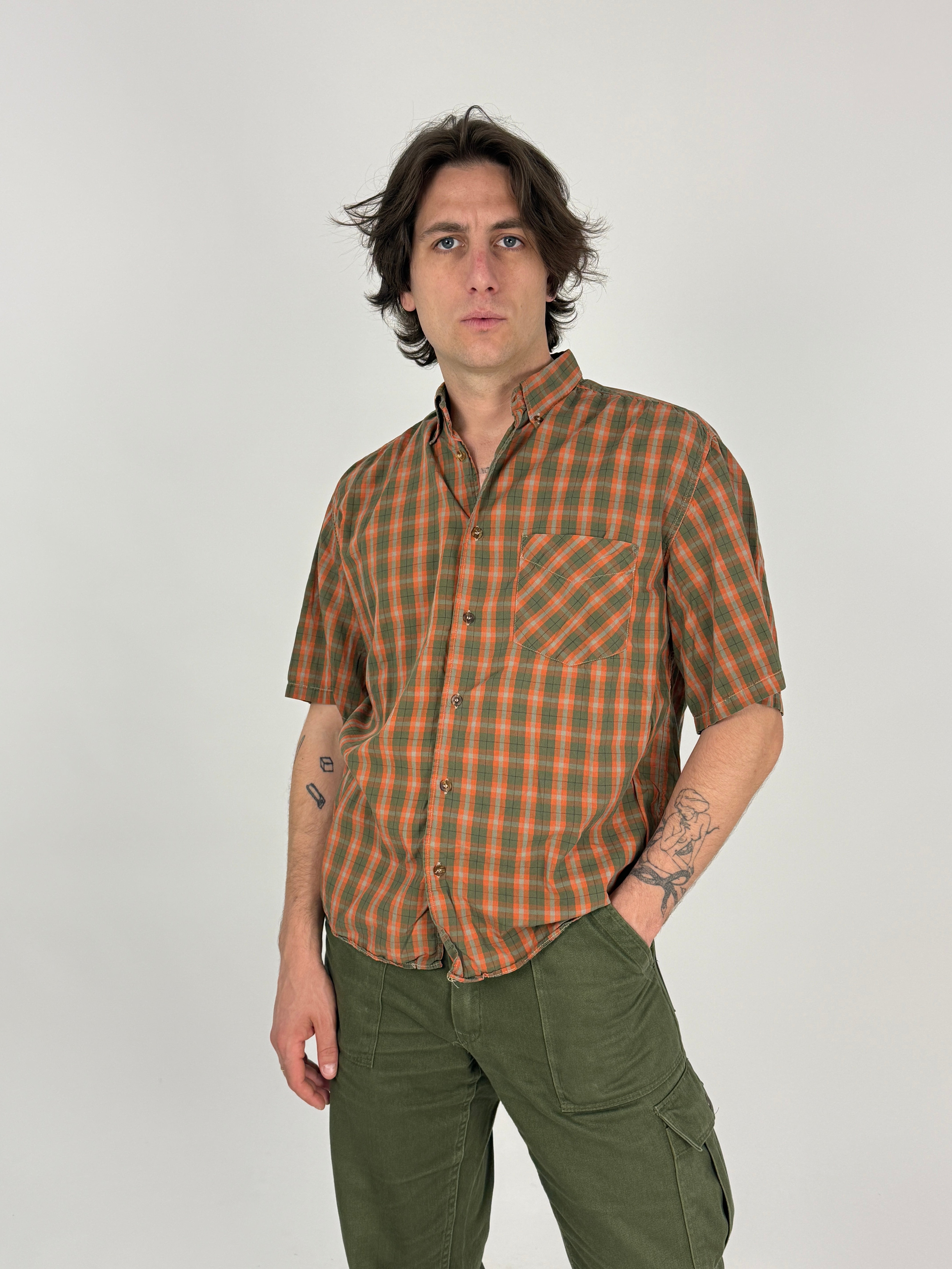 Camicia Wampum Cotone Madras Quadri Verde e Arancio - Taglia M