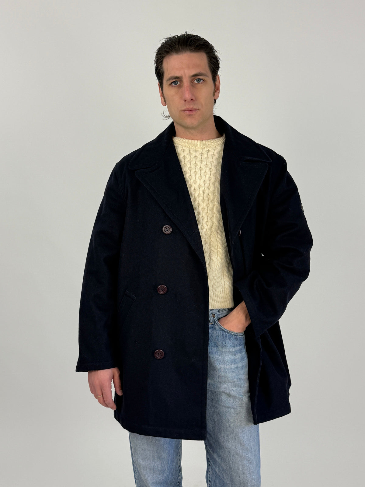 Cappotto Vintage Navigare Lana Blu Doppiopetto - Taglia L