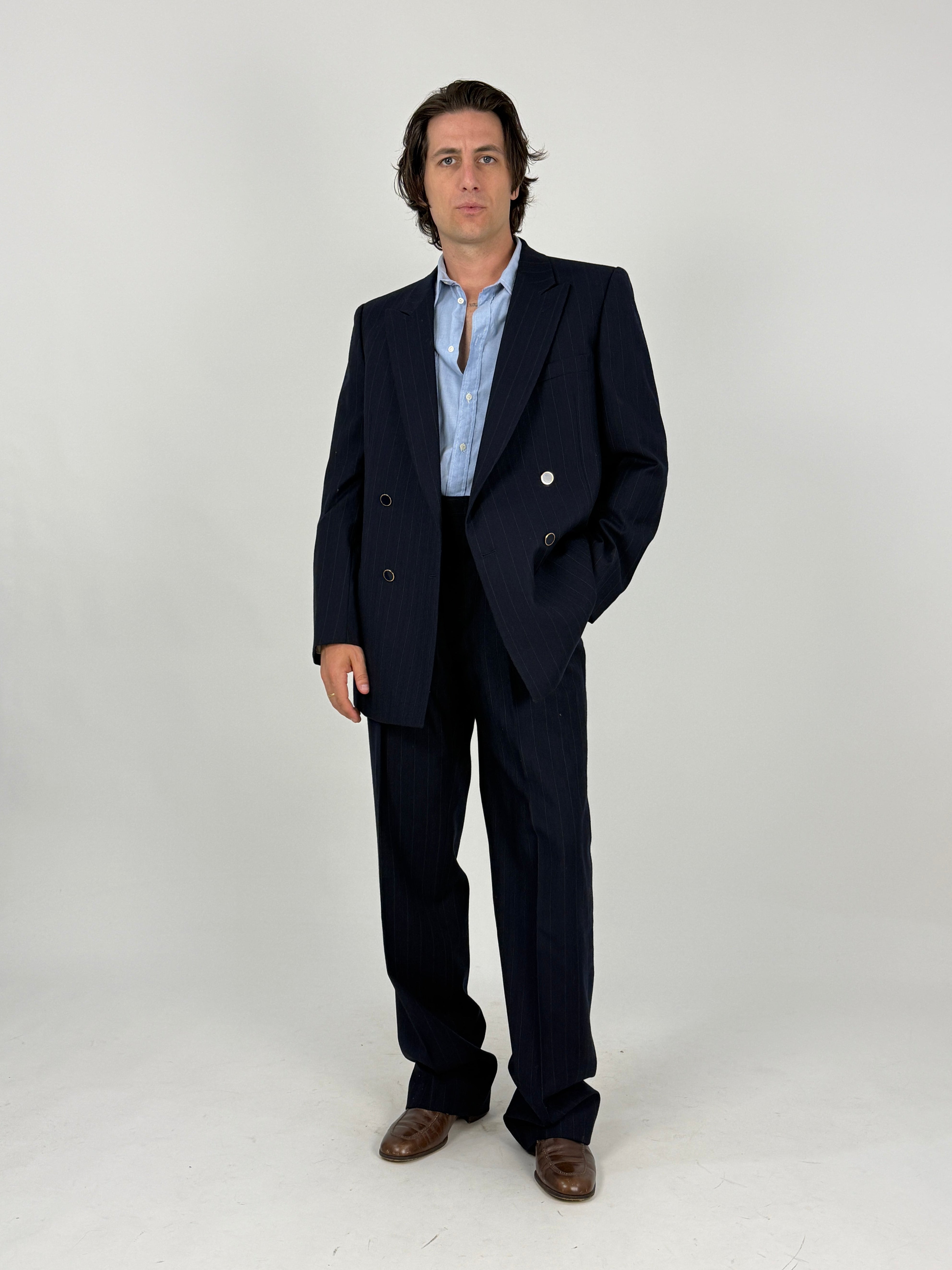 Blazer doppiopetto gessato navy vintage - fronte intero indossato taglia 52