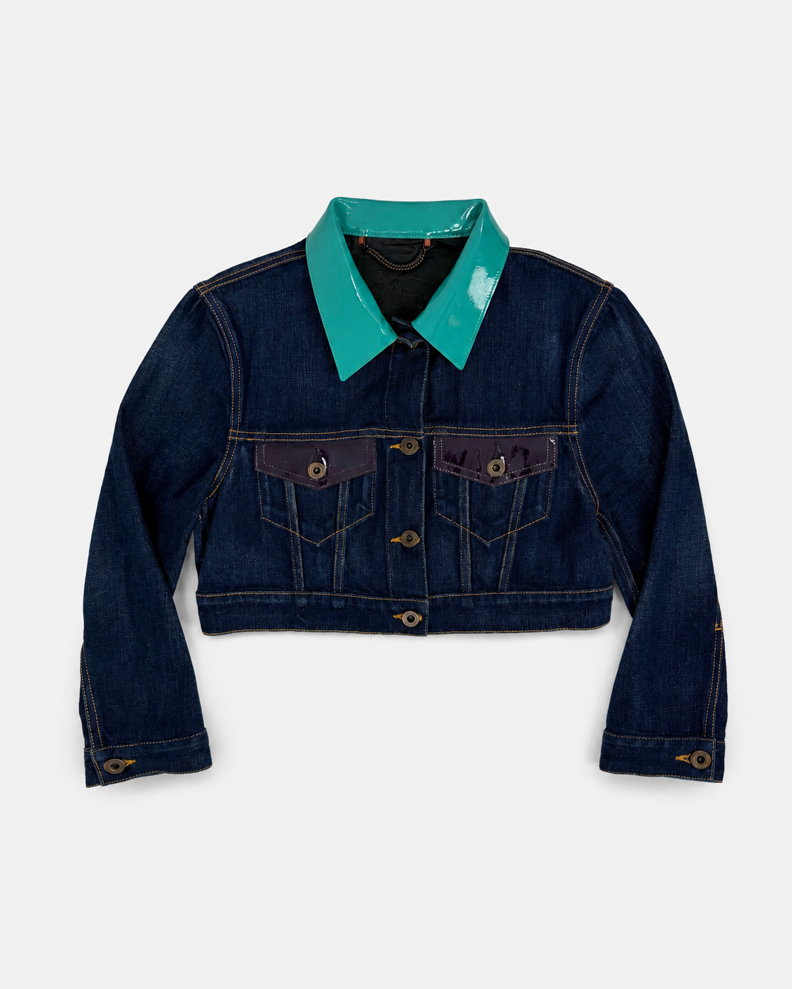 Giacca di Jeans Cropped Burberry Prorsum - con Colletto in Vernice Tiffany