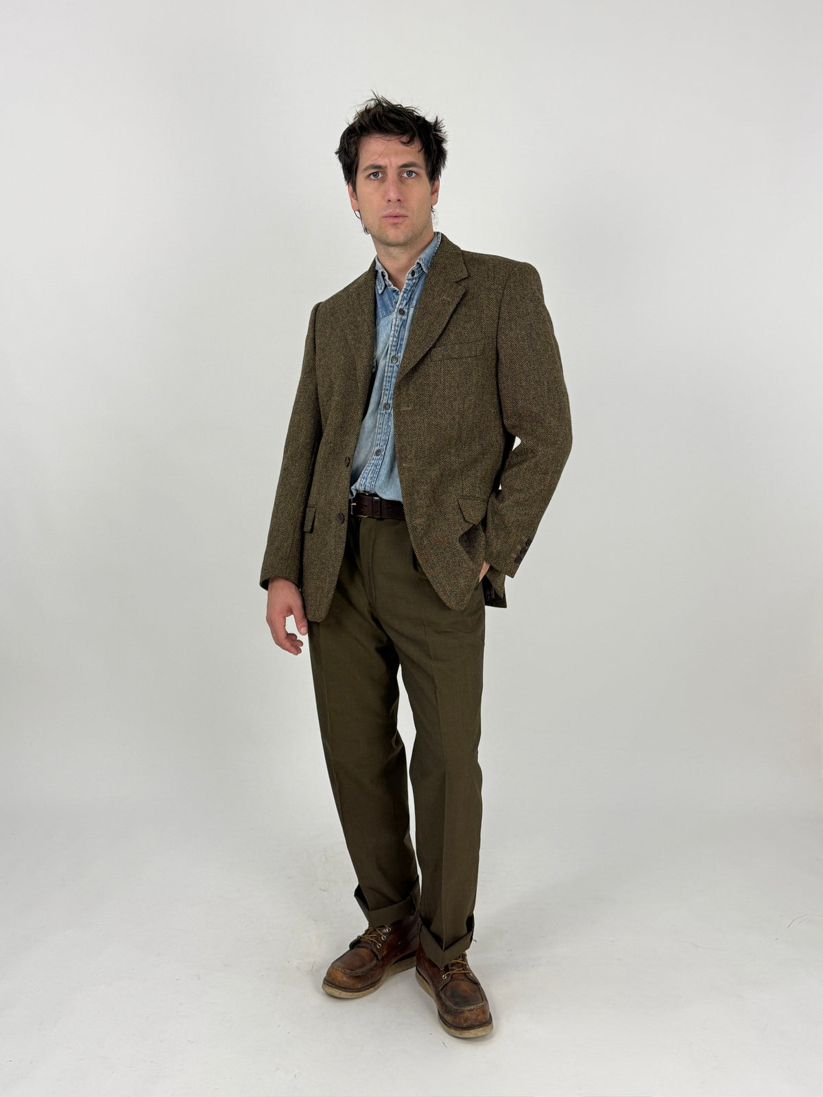 Giacca vintage David & David in lana marrone e verde, vista frontale