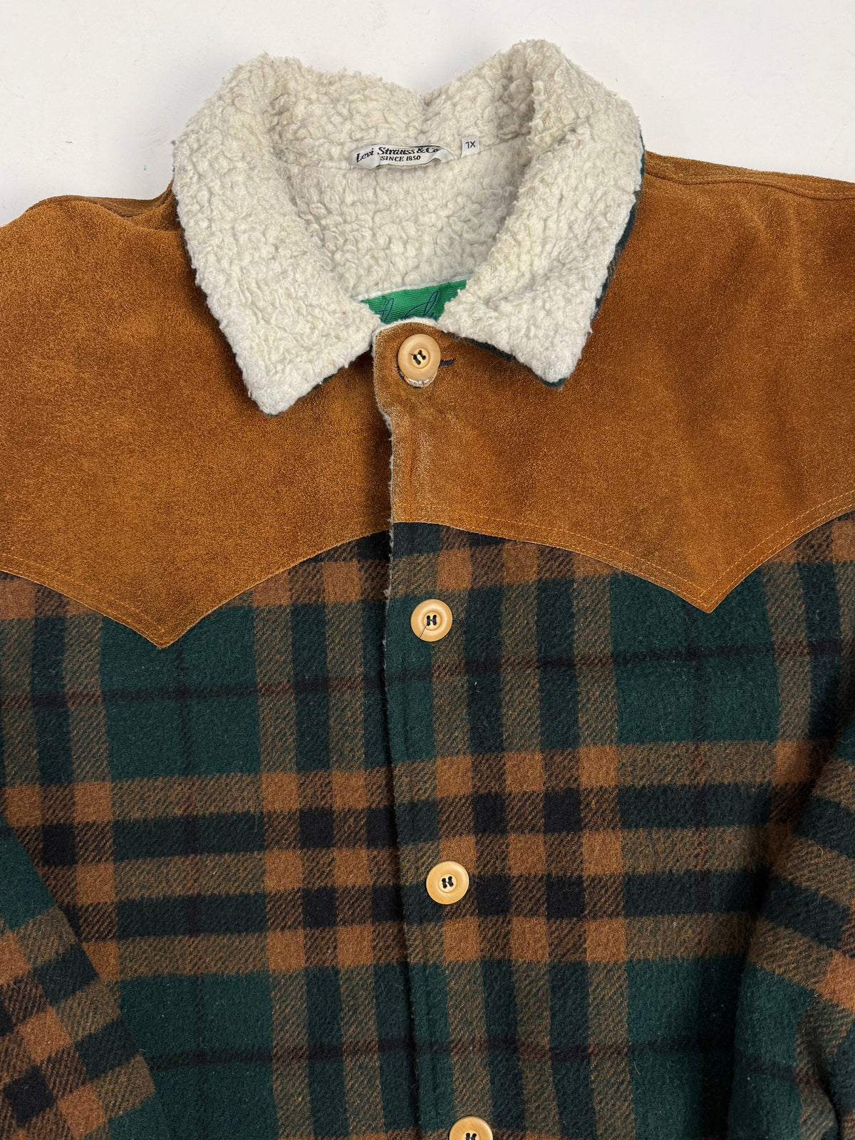 Giacca Levi’s Western Sherpa a Quadri Primi anni '80 in Lana e Camoscio - Taglia L