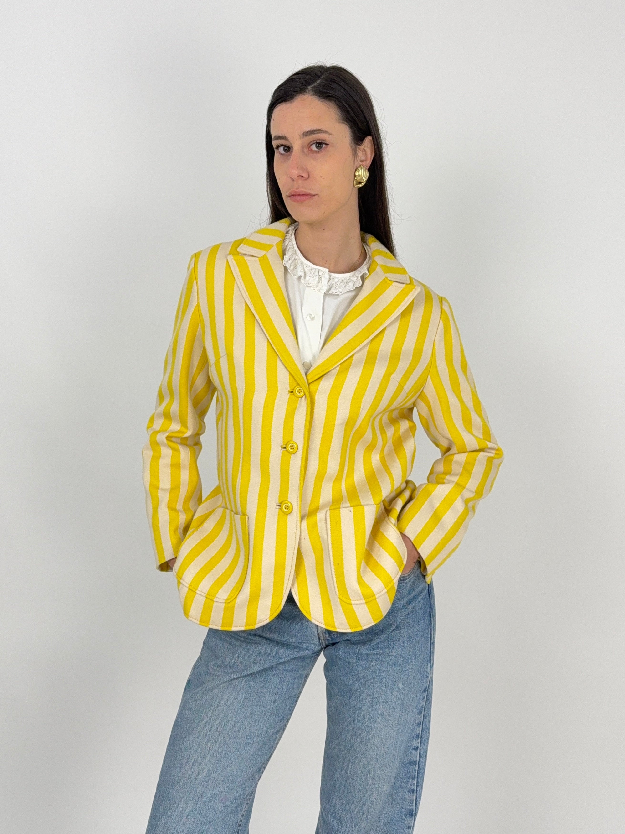 Giacca vintage in cotone a righe giallo e bianco