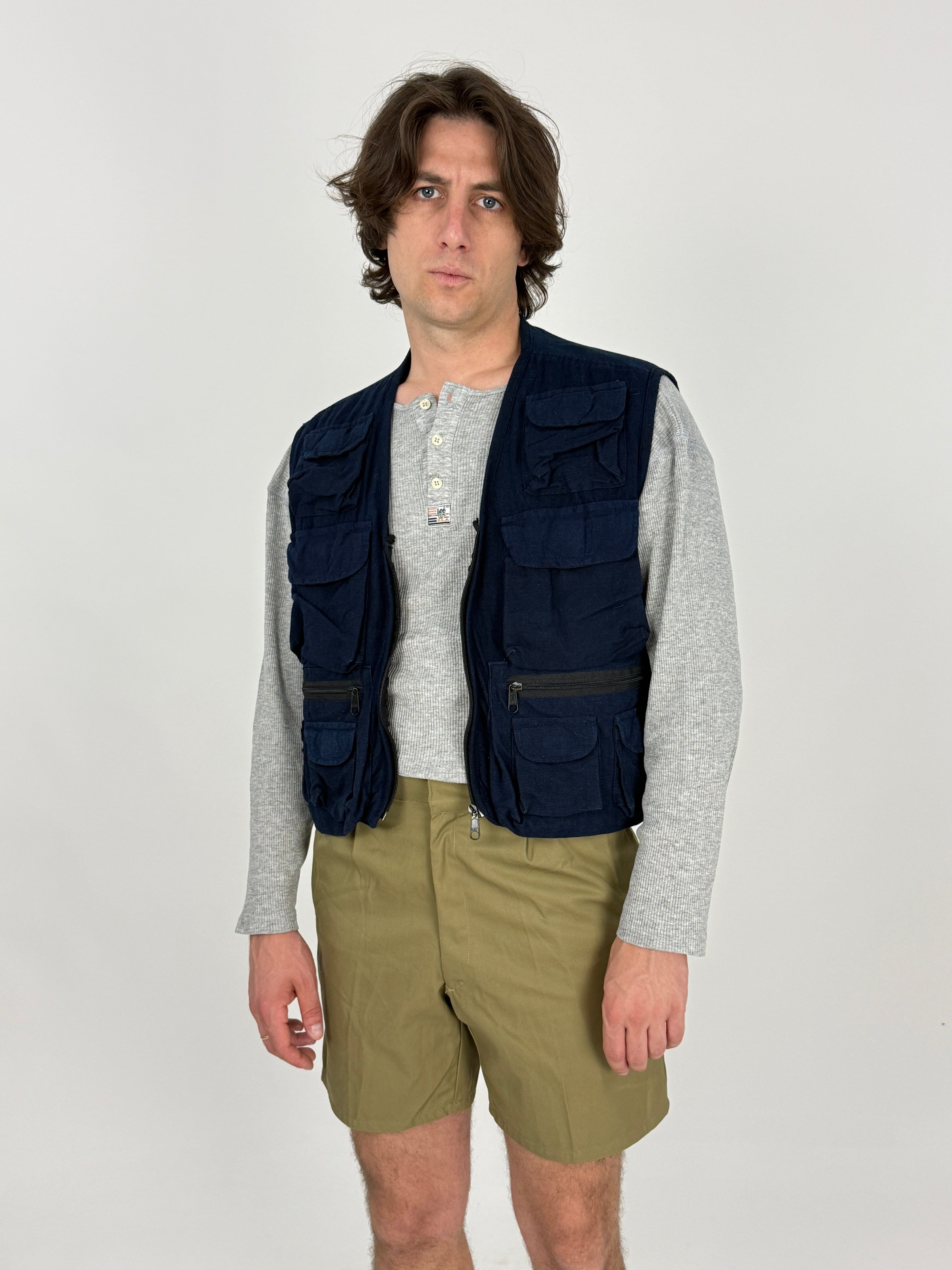 Gilet Vintage Multitasche Cotone Canvas Blu Navy - Taglia M