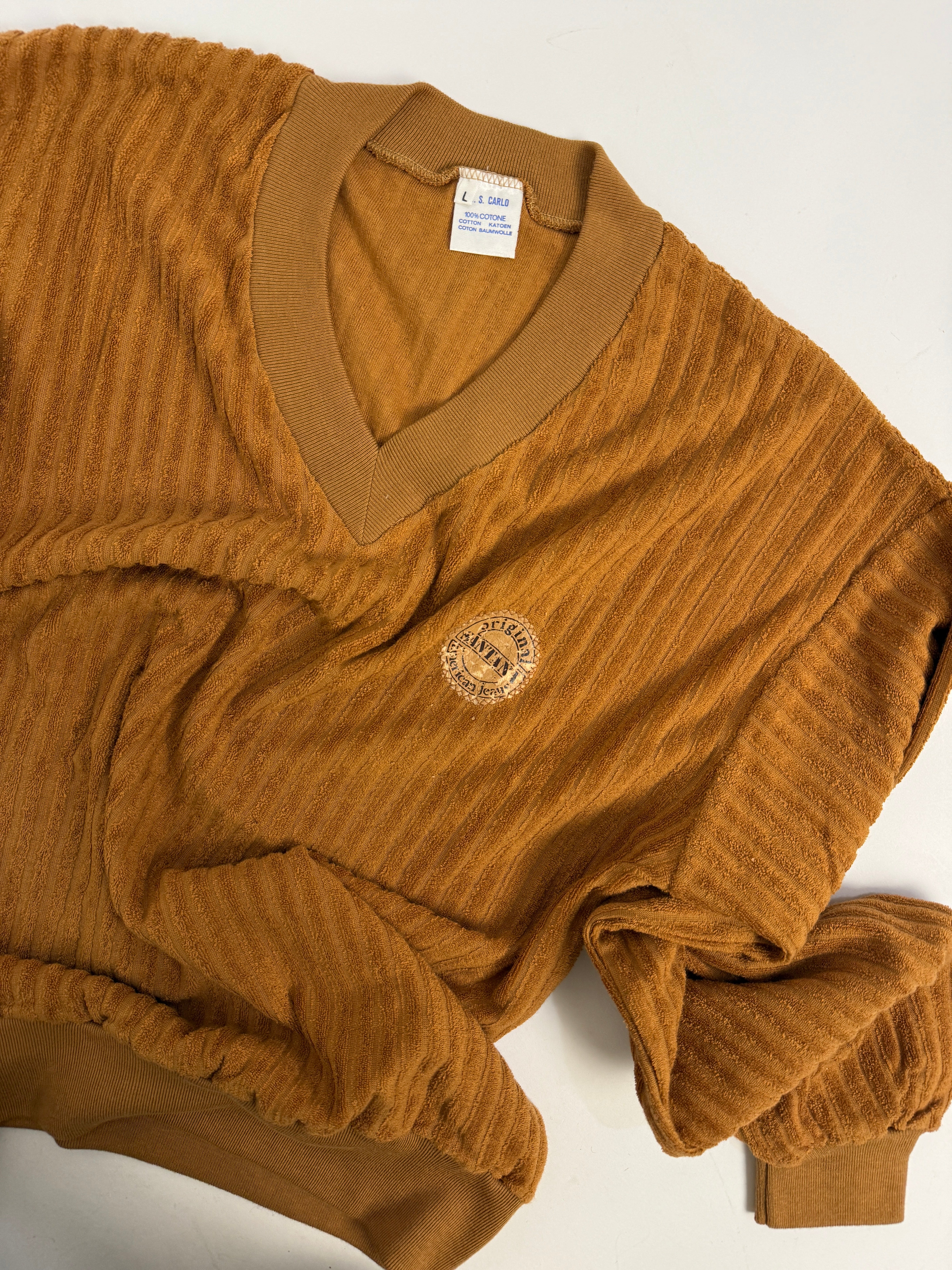 Maglia a coste anni '70 in cotone V-neck a coste con patch frontale