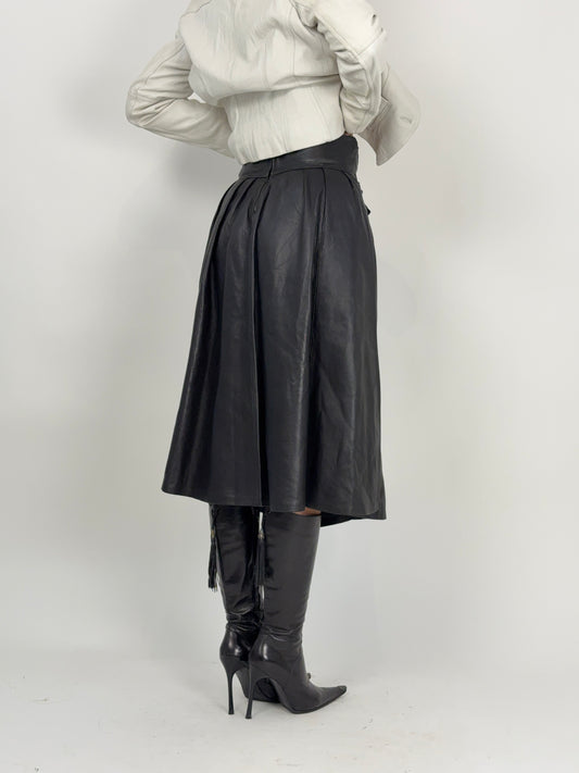 Gonna midi in pelle nera anni ’80