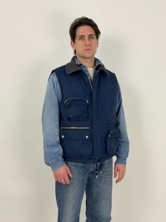 Gilet reversibile imbottito a quadri blu e nero anni ’70/’80