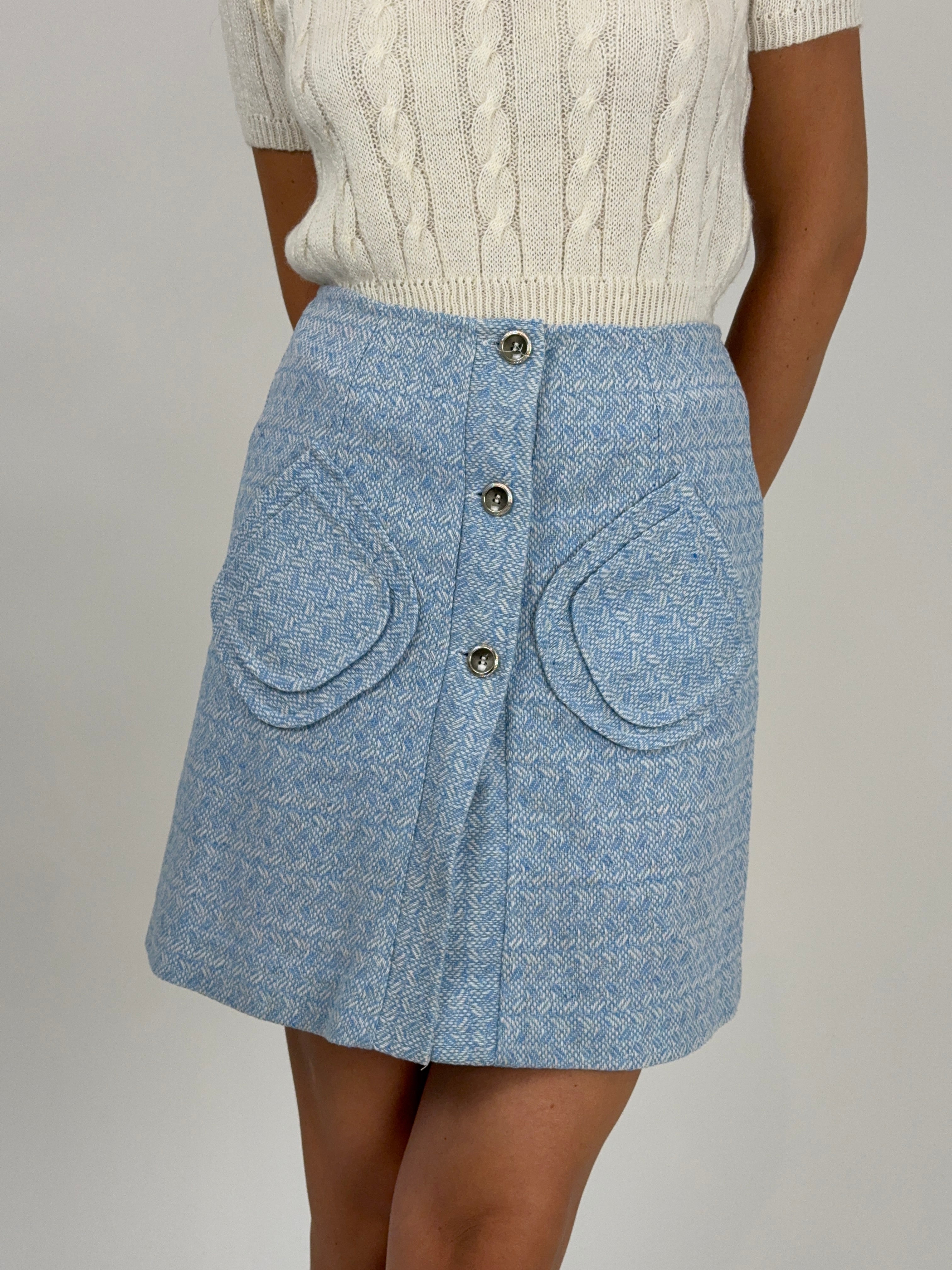 Minigonna A-line in tweed celeste anni ’60