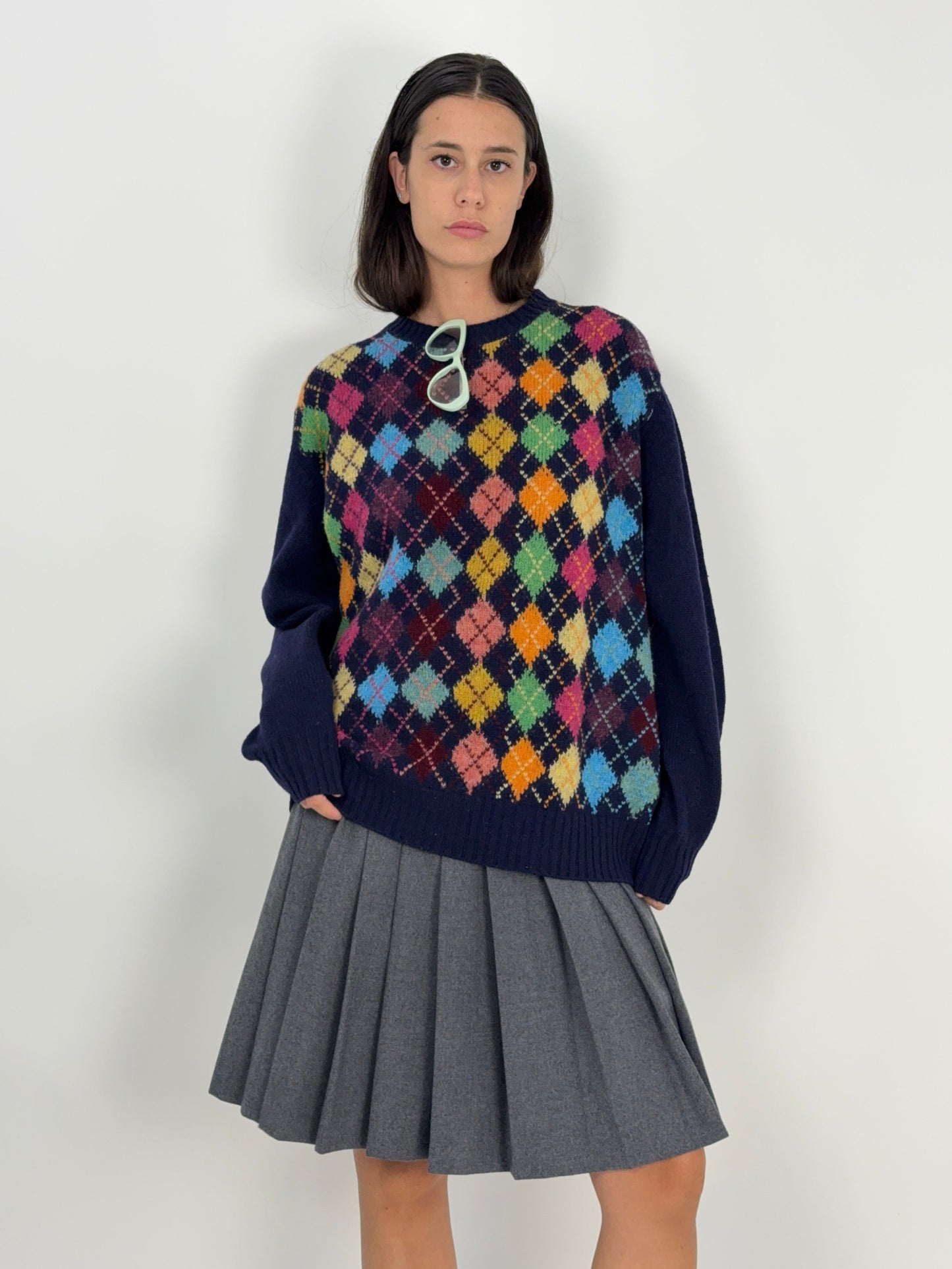 Maglione vintage in lana blu con rombi