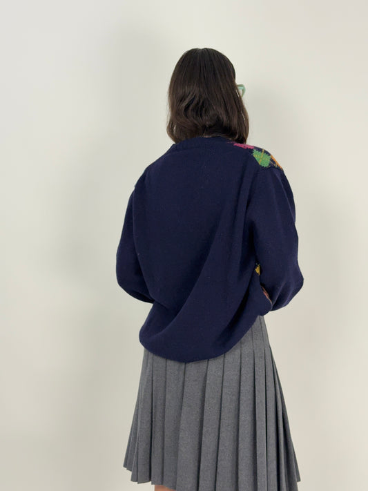 Maglione vintage in lana blu con rombi