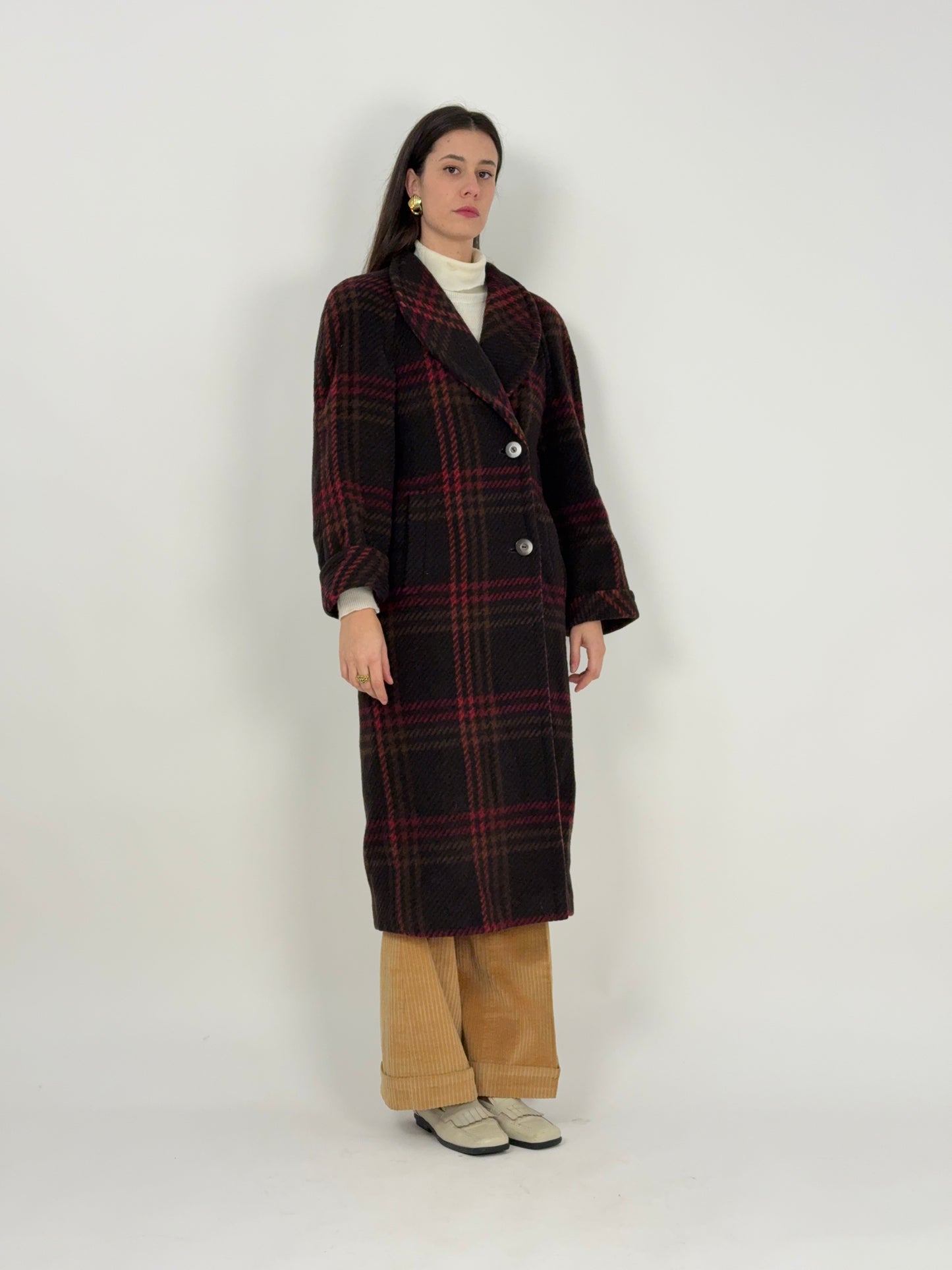 Cappotto lungo anni '70 in lana a quadri