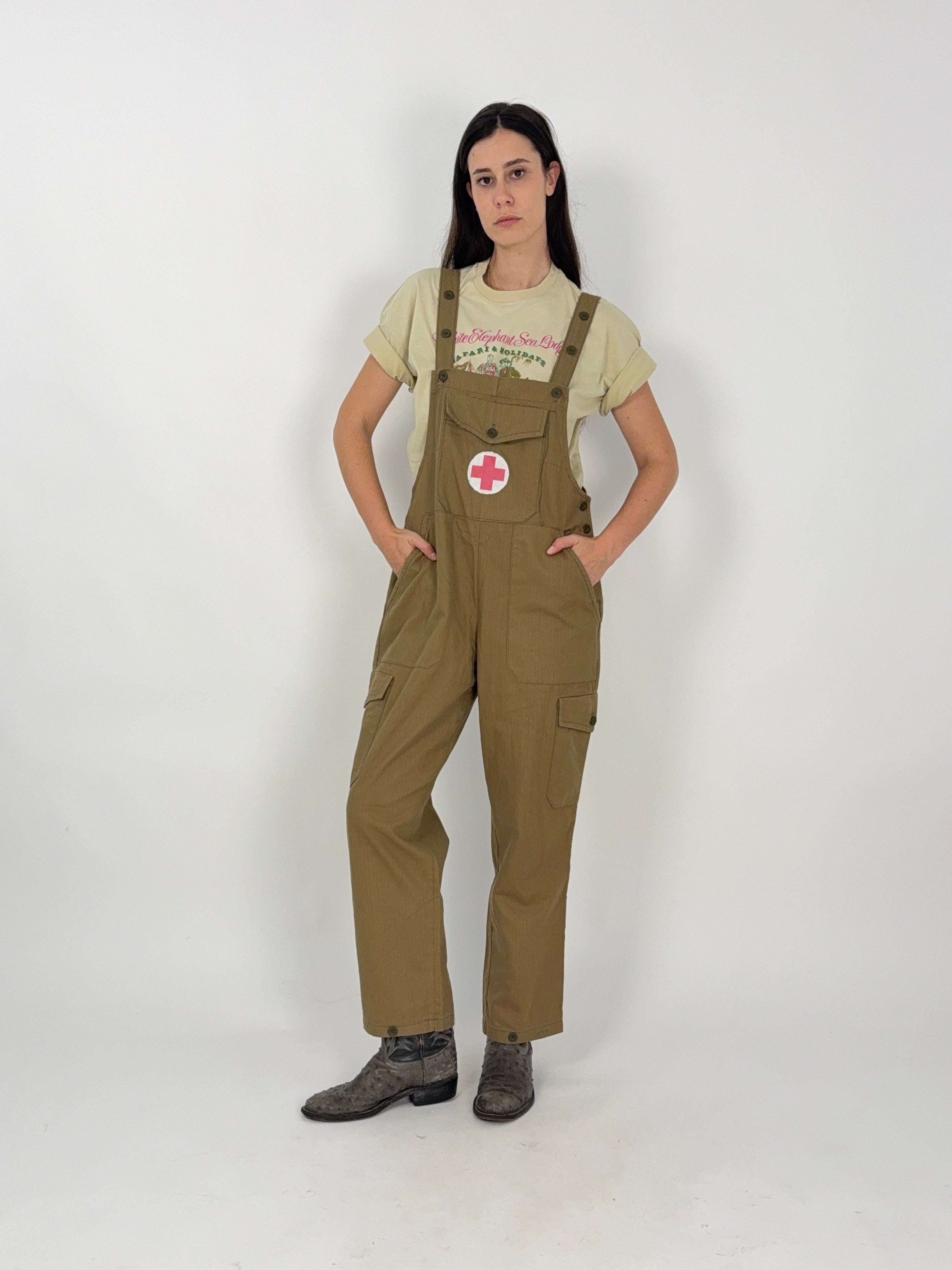 Salopette Militare Anni '70 Verde Kaki con Patch Croce Rossa - Taglia M/L